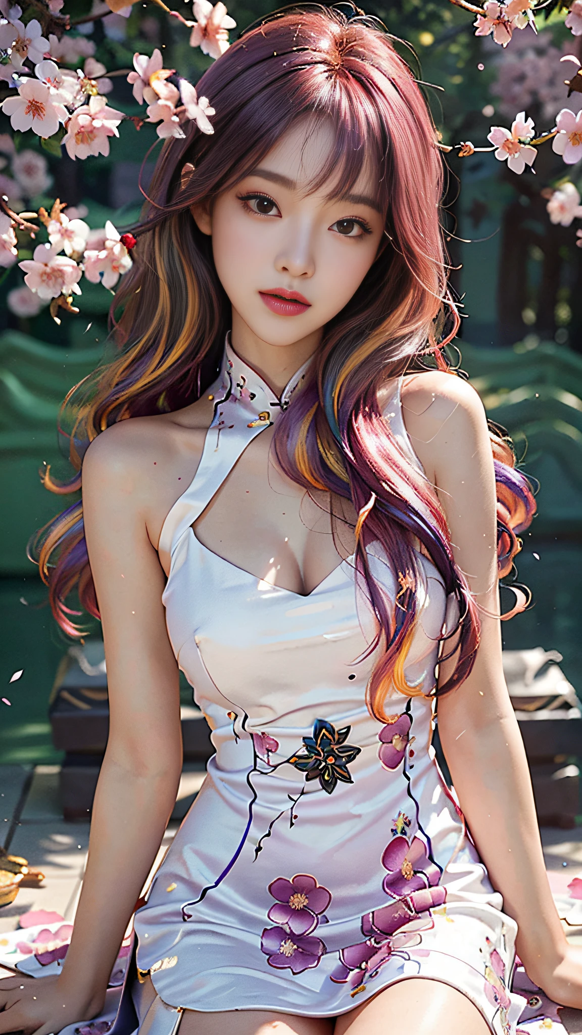(best quality, masterpiece:1.2), (realistic, photorealistic:1.25), an extremely delicate and beautiful photo, extremely detailed, highres, solo, 1 lady,Beautiful face, (young beauty, adult,) little shy cute face, arms behind back, (beautiful detailed shiny (red:1.1) eyes,) beautiful detailed face and skin, style-bridal, (between thighs:1.2), (full body:1.3), partially immersed in flower, natureal light reflection, professional studio lighting, soft light on the face, camera 50mm f0.8 lens, depth of field, lifelike, falling sakura blossoms, falling plum blossoms,(colorful hair:1.8),(china dress:1.5),
