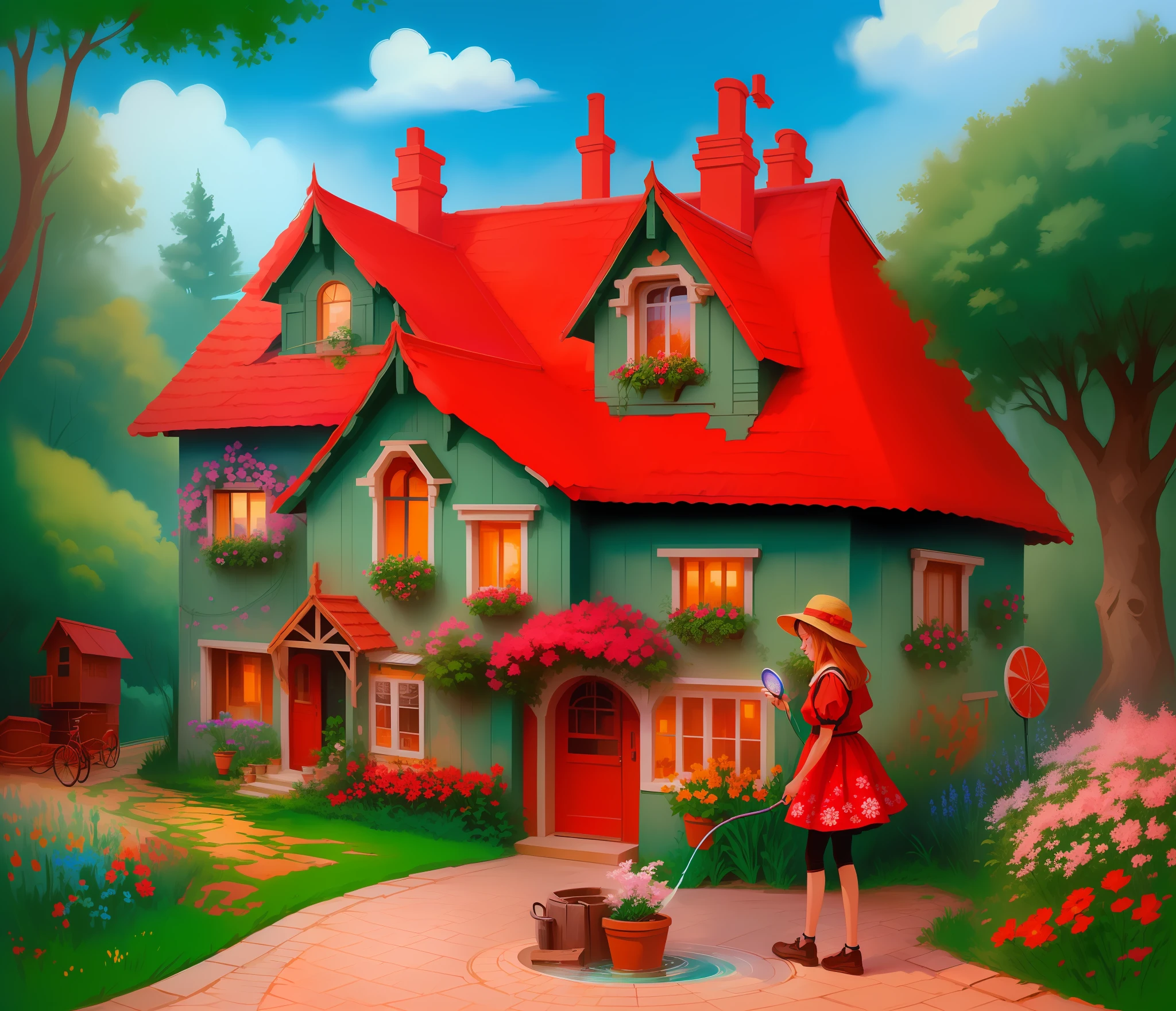 (artwork), high quality, stylized digital illustration, (1girl), water watering flowers, sweet earth style house, vibrant color, street scenes, painting in painting.