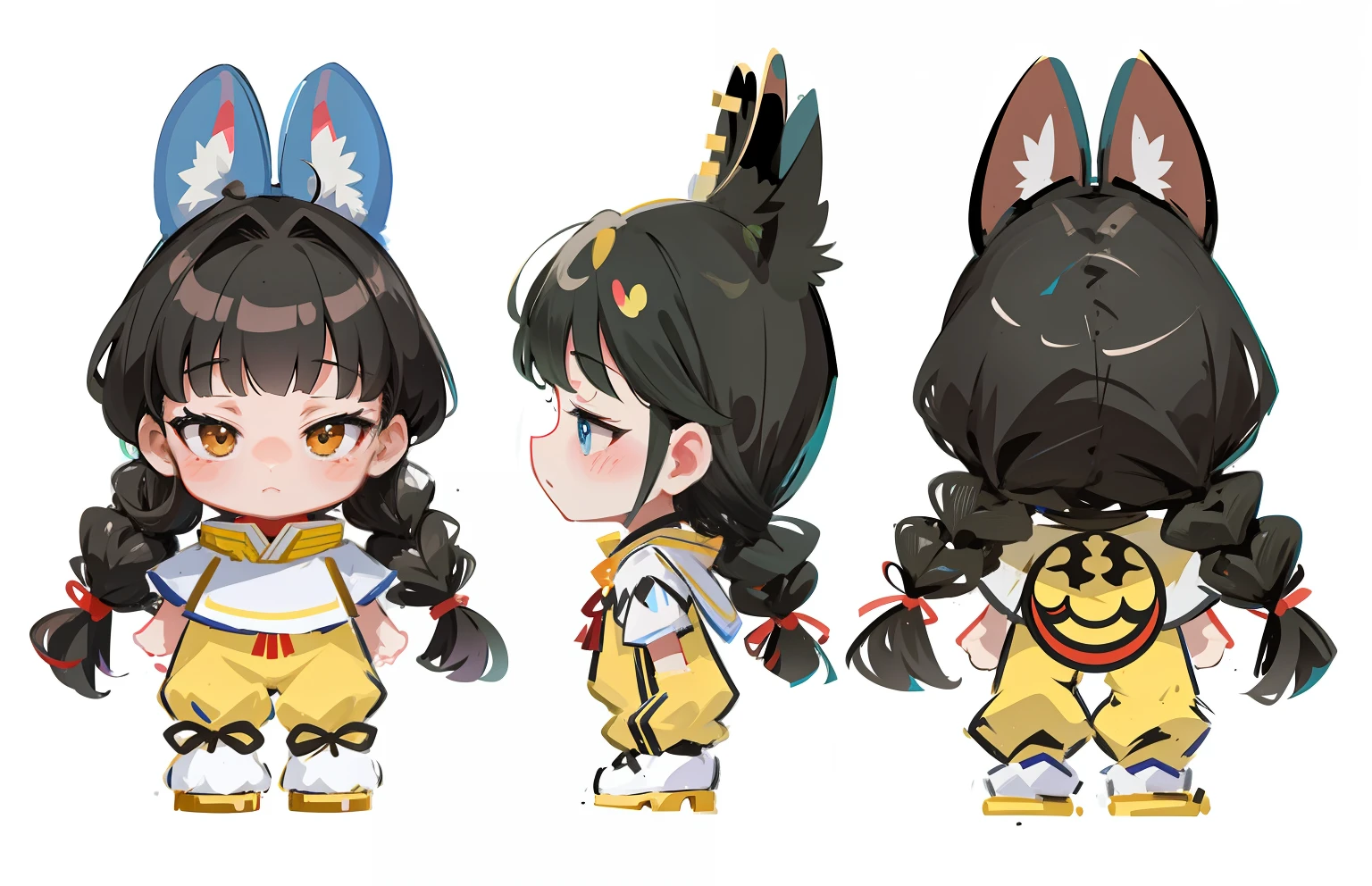 Three anime characters in white costumes, [character design], high-quality character design, full character design, female mini cute style, character design, anime character design, funny character design, detailed character design, characters from Azur Lane, full body character design, cute characters, game character design, merge characters, character design art, rabbt_character, crane