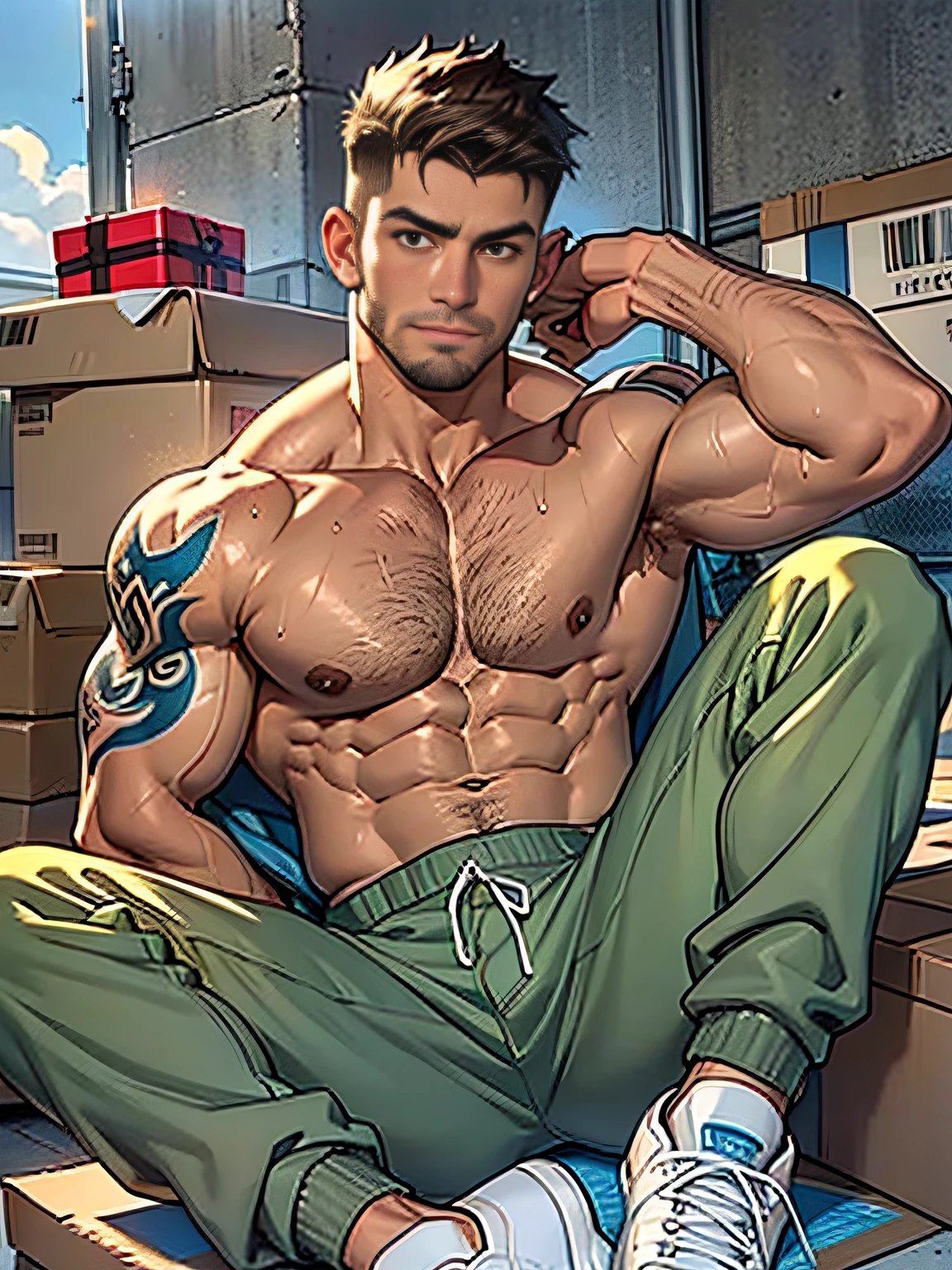 20 years old, big eyes, male, stubble, short hair, huge muscles, exaggerated muscles, mature man, muscle swelling, bodybuilding, pectoral muscles, abs, sitting on blanket, gift streamers on the courier box, express box, sky blue shirt, open shirt, khaki white wide-brimmed sweatpants, high-top sneakers, natural light, wet body, wheat-colored skin, 1man, tattoo on forearm, large number of courier boxes on blankets, express boxes stacked up, legs stretched forward,