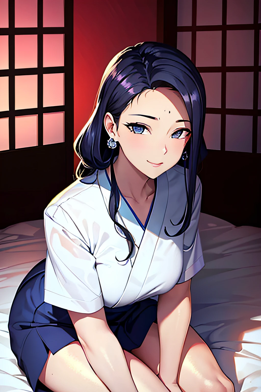((masterpiece, best quality)),
Tokyo\(luxury wheels\) \(Azure Lane\), high resolution, highest quality, illustration, cinematic light, ultra detailed, detailed face, (detailed eyes), best quality, ultra detailed, masterpiece, (detailed face),room, hair accessory, earrings, necklace, portrait, white kimono, highest detail, glowing eyes, (ryokan:1.2), sitting on bed, sitting, bed, window, night sky, backlight, (high contrast), (color), (hands between legs), ((frontal photo)), (upper body)