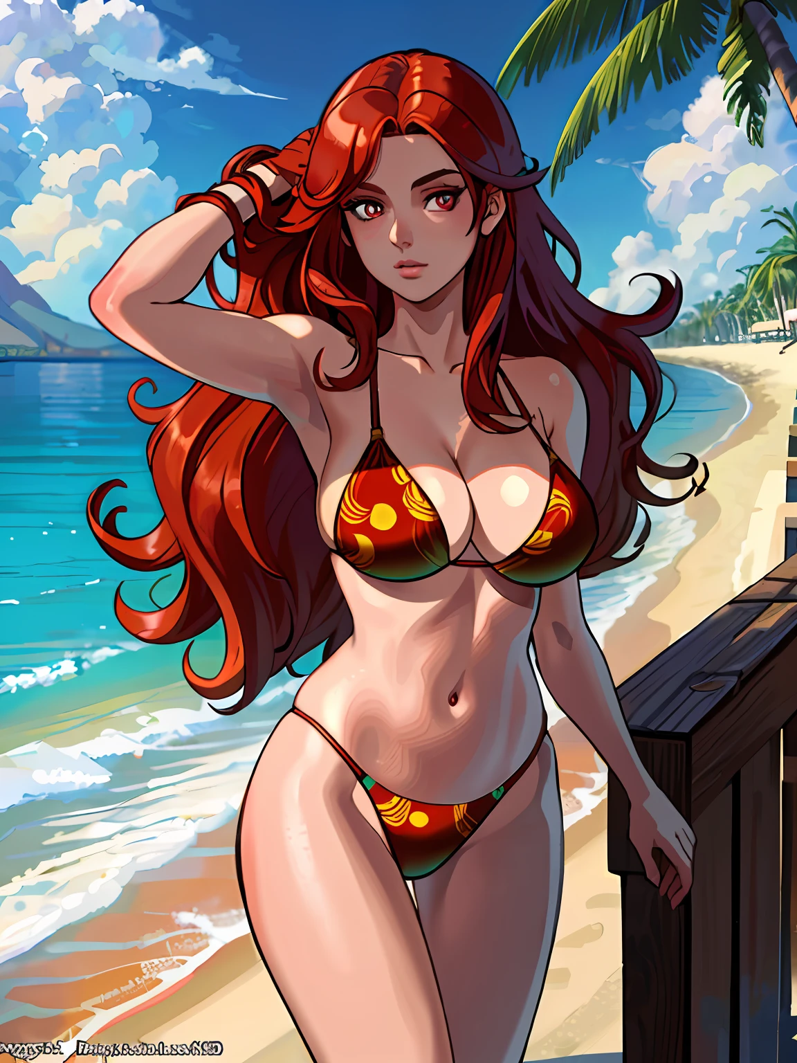 (masterpiece),(best quality:1.0), (ultra highres:1.0), detailed illustration, 8k, 1girl, wearing bikini, perfect body, perfect breasts, beautiful anime girl, long hair, red hair, highly detailed hair, beautiful eye, red pupils, perfectly detailed eyes, standing, half body shot, beach, sunny,