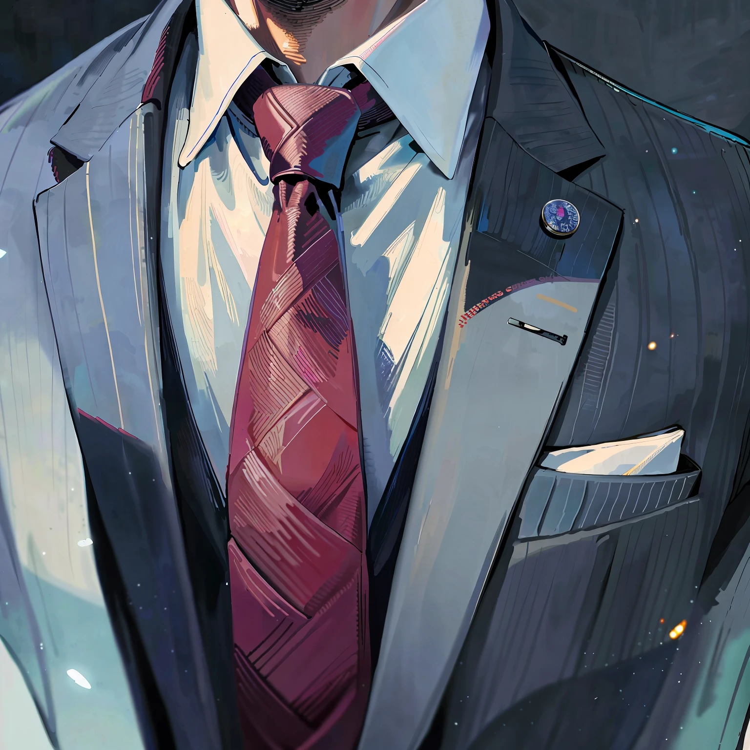 there is a man wearing a suit and tie with a button on it, suit and tie, wearing a suit and a tie, wearing a suit and tie, wearing suit and tie, subject detail: wearing a suit, character art closeup, highly detailed character design, detailed digital anime art, high quality portrait, highly detailed exquisite fanart, detailed fanart