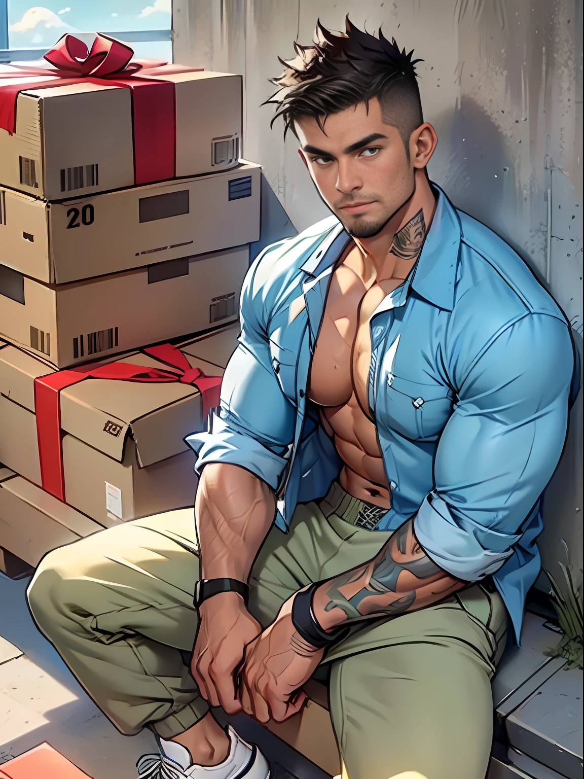20 years old, big eyes, male, stubble, short hair, huge muscles, exaggerated muscles, mature man, muscle swelling, bodybuilding, pectoral muscles, abs, sitting on blanket, gift streamers on the courier box, express box, sky blue shirt, open shirt, khaki white wide-brimmed sweatpants, high-top sneakers, natural light, wet body, wheat-colored skin, 1man, tattoo on forearm, large number of courier boxes on blankets, express boxes stacked up, legs stretched forward,