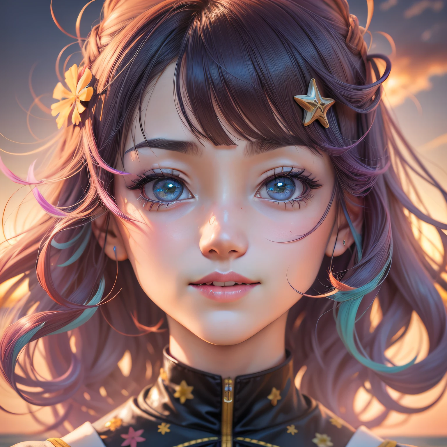 colorful inner hair, drilled hair, clover hair ornament, star pupil, smile, surrealism, renaissance, anime, anime style, cinematic lighting, depth of field, god ray, shadow, fuji, first-person perspective, pov, wide angle, uhd, retina, masterpiece, ccurate, textured skin, high detail, high resolution, 16k, 1 girl, female focus, solo, alone, seaside, sunset, sunset Inspired by Yuriko Ishida, Suzu Hirose, Misakura Imada, Mai Shiraishi, Kyoko Fukada, Miha Hamabe, Huanna Hashimoto, Satomi Ishihara