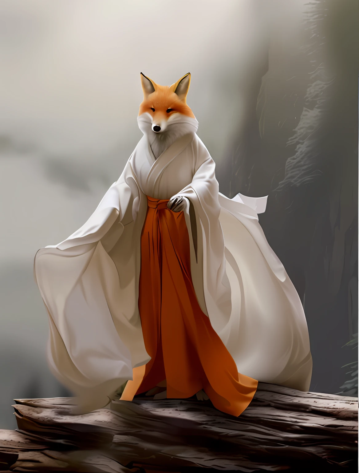 A close-up of a white robe and a fox, a beautiful fox, an ethereal fox, a fox, dressed in flowing robes, a fox letter, a fox three-tailed fox, a fox holding a torch, fox-inspired armor, a flowing robe