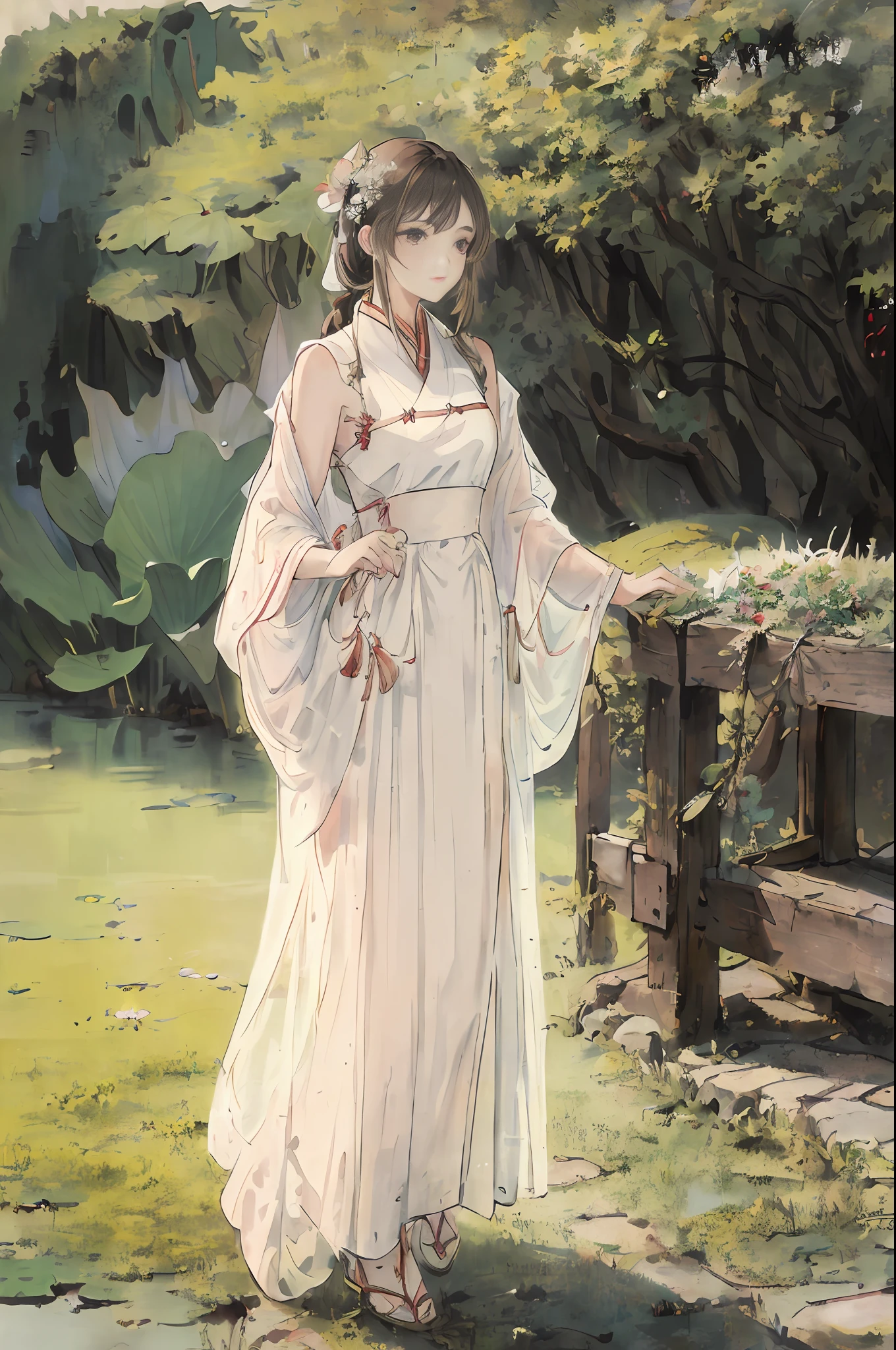 ((4K, masterpiece, best quality)), shuimobysim, Chinese painting, lotus, hanfu, maxiskit, dress open1girl, solo, long brown hair, , standing, chinese clothing, bandeau, light makeup, d-cup, scatter, tulle, underwear, suspenders, wife,, shawl, coat, garden, grass, mountain stone