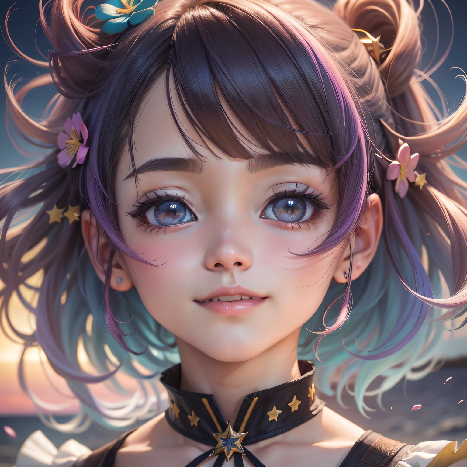 colorful inner hair, drilled hair, clover hair ornament, star pupil, smile, surrealism, renaissance, anime, anime style, cinematic lighting, depth of field, god ray, shadow, fuji, first-person perspective, pov, wide angle, uhd, retina, masterpiece, ccurate, textured skin, high detail, high resolution, 16k, 1 girl, female focus, solo, alone, seaside, sunset, sunset Inspired by Yuriko Ishida, Suzu Hirose, Misakura Imada, Mai Shiraishi, Kyoko Fukada, Miha Hamabe, Huanna Hashimoto, Satomi Ishihara