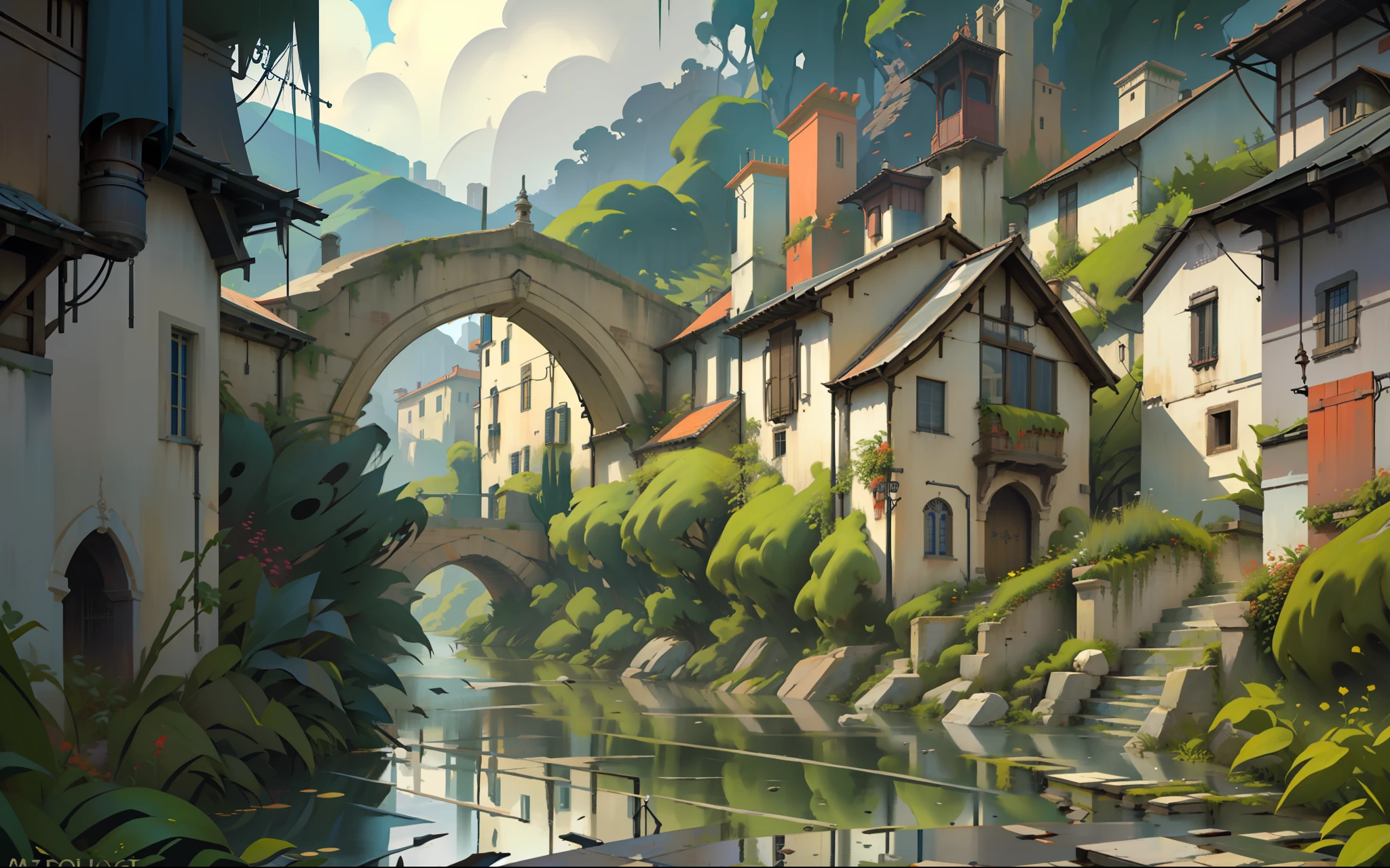 ((masterpiece)),((best quality)),((high detial)),((realistic,))
Industrial age city, bazaars,architectural streets, lake,European architecture,(Bridges:0.8), architectural streets, rainy days, steampunk, European architecture,deep canyons in the middle,mountain in distance