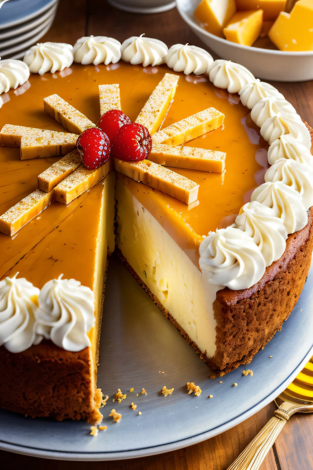 (Best quality: 1.4), (Masterpiece: 1.2), detailed, complex, high resolution, delicious cheese cheese honey cake, (country dinner background) +, a jar of honey, (complex details: 1.12), HDR, (complex details, super detail: 1.15)