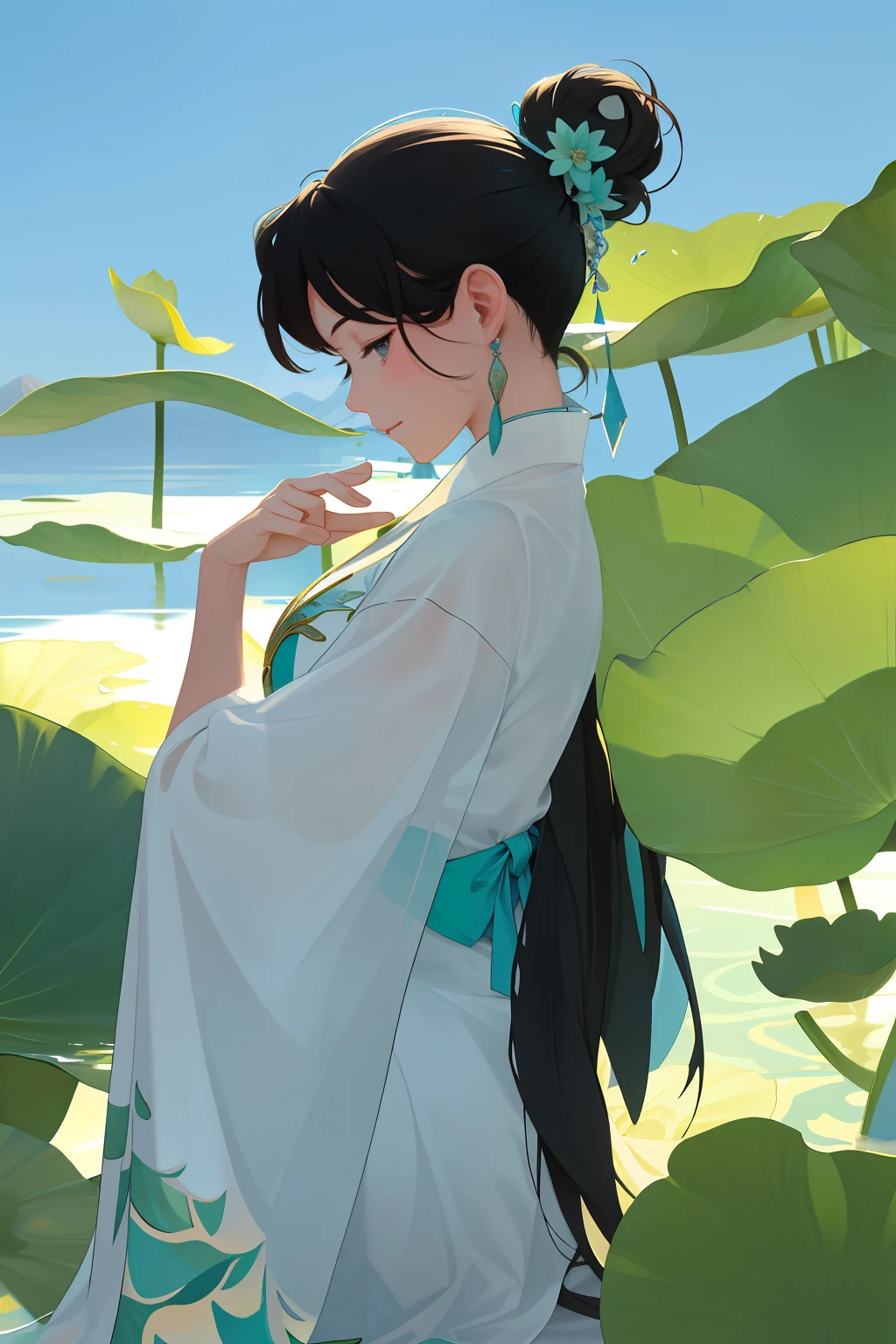 Clear face, masterpiece, ultra-detailed, epic composition, high quality, highest quality, 4k, a beautiful girl, graceful, turquoise dress, sitting on a large lotus leaf, water waves, distant mountains, sunshine, lotus, sunlight,