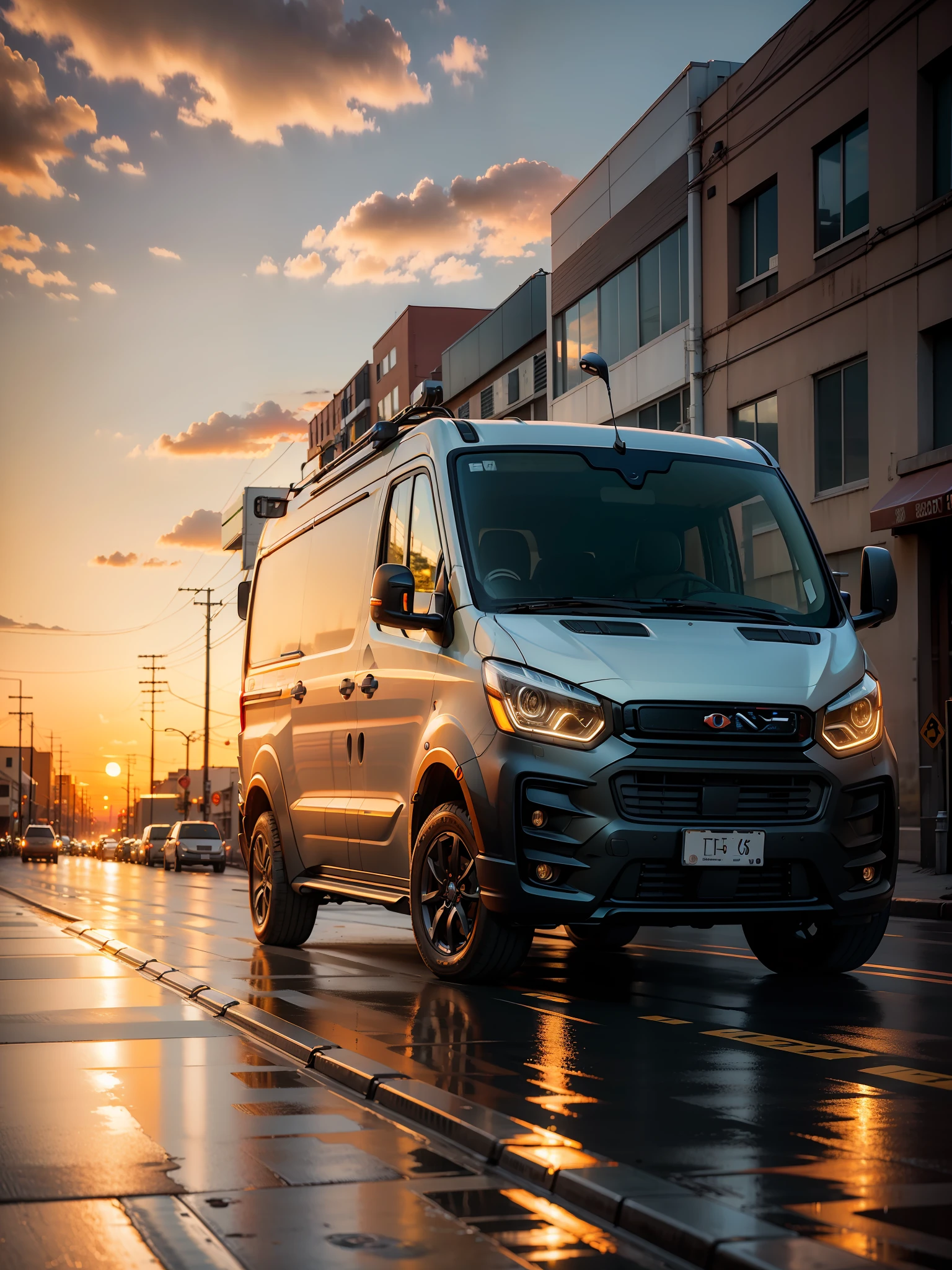 RAW, Courier, Electric Vehicles, street, sunset, (((sunset))), 16k Sony, Masterpiece, UHD, super detail, UHD, super detail, 16k