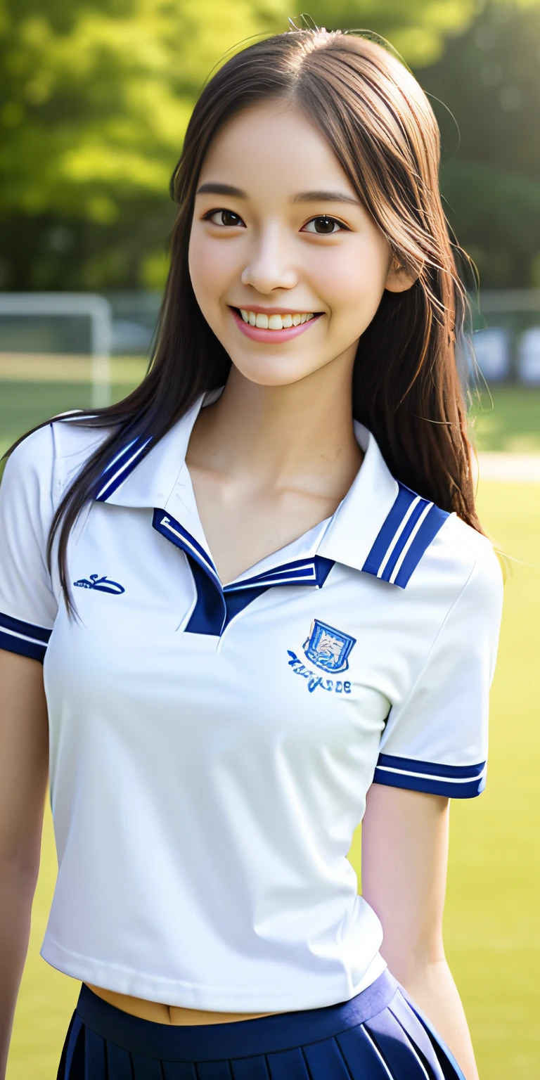 neat college girl, petite, (school uniform, summer clothes, short sleeves), outside the athletic field, (slim), photorealistic, detail, skin texture, ultra detail, delicate and sexy collarbone, smile, super detailed face, detailed lips, detailed eyes, double eyelids