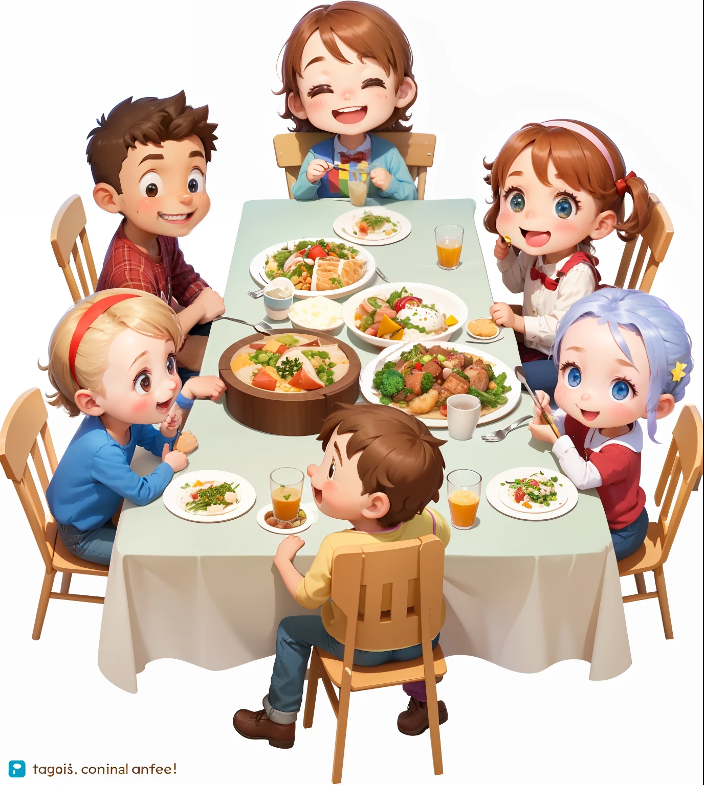 a group of people sitting around a table eating food, family dinner, people inside eating meals, people at the table, the table is full of food, at a dinner table, happy family, people are eating, group sit at table, dinner table, hd illustration, 1 9 th, celebration, 2 d cg, various pose, everyone having fun, dinner is served