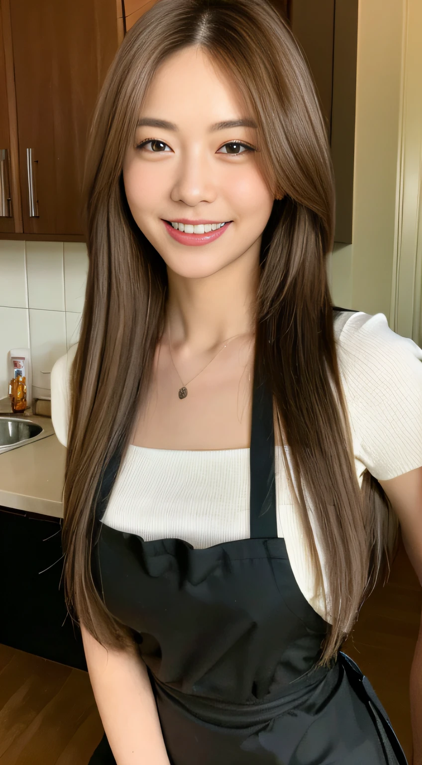(Top Quality, 8k, Masterpiece: 1.3), Beautiful Woman with Perfect Figure: 1.4, Dark Brown Hair, Wearing a Pendant, Wearing an Apron, In the Kitchen, Very Detailed Face and Skin, Detailed Eyes, Double Eyelids, Big, Smile, Can of Beer