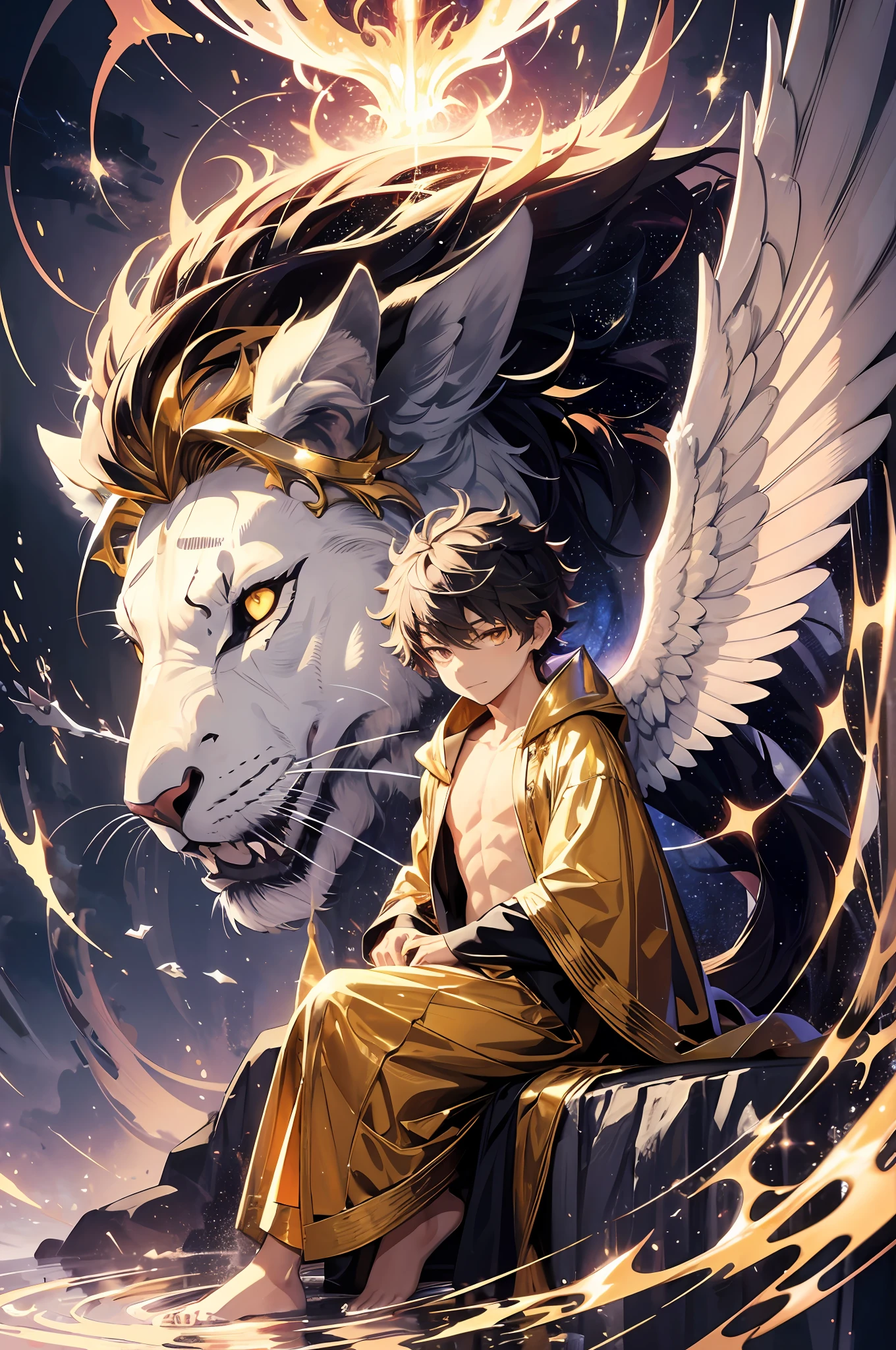 (absurdres, highres, ultra detailed, HDR), masterpiece, best quality, a little boy sitting on golden lion back, in arrogant look, solo, little boy, golden lion, giant lion, handsome, golden eye, glowing eye, white robe, angel wing, archangel, earring and accessory, bare chest, arrogant face, full body, magic vortex, spark, swirl, black aura, a dramatic sky, heaven, abstract background, from side, look up, evil smile