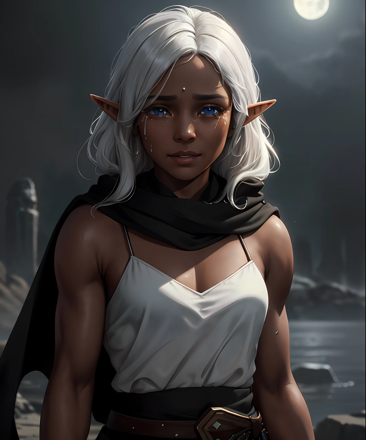 1girl, amazing quality, upper body of beautiful female elf rogue in a white robe, black clothes, small ears, black scarf around the neck, many details and folds in the robe, small breasts, beautiful face of 18yo, long and loose white hair blown by the detailed wind, dark night, moon in the sky, particles, matching eyes, detailed eyes,  face of happiness and emotional relaxed, (tears flowing: 1.2), volumetric lighting, best quality, masterpiece, very detailed, trend in Artstation, ultra realistic, few small muscles, (muscles: 1.2), subsurface scattering, detailed battlefield background, Photorealistic, Hyper-realistic, Hyperdetailed, style, cocked hip, demure, low cut, detailed skin, brown skin, matte skin, soft lighting, subsurface scattering, realistic, heavy shadow,  masterpiece, best quality, ultra realistic, 8k, golden aspect ratio, intricate, high detail, film photography, soft focus