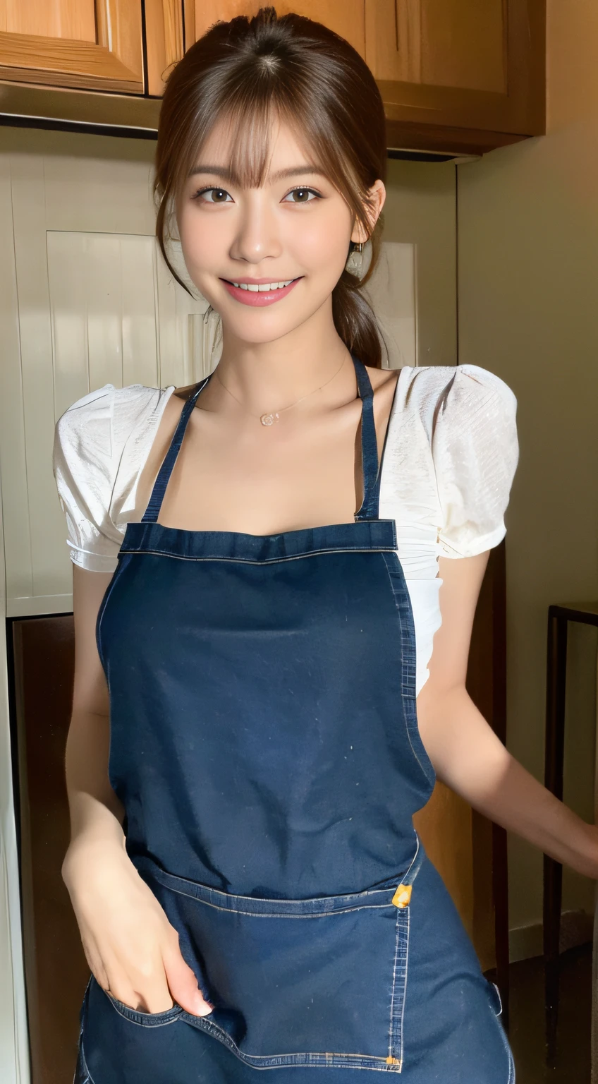 (top quality, 8k, masterpiece: 1.3), beautiful woman with perfect figure: 1.4, dark brown hair, wearing a pendant, wearing an apron, in the kitchen, very detailed face and skin, detailed eyes, double eyelids, huge beasts, smile, can of beer in hand