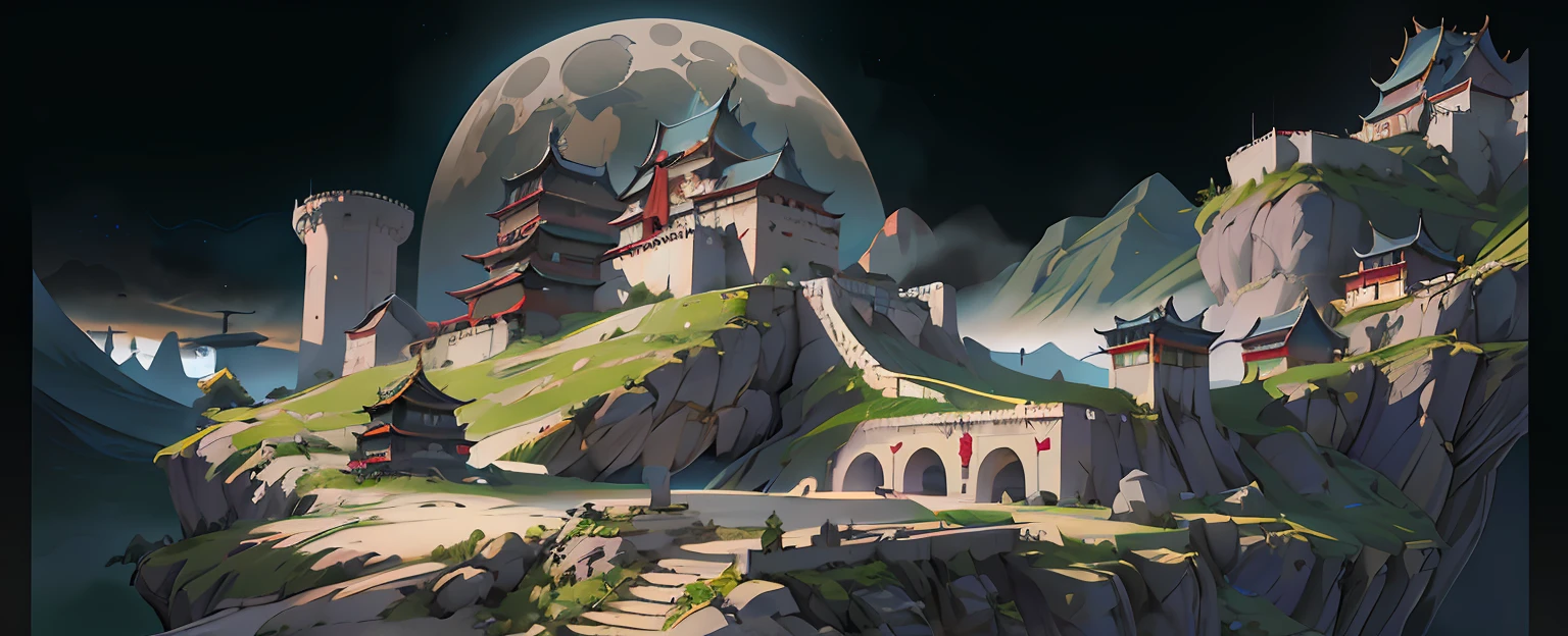 There is a castle on the hill with a huge star on it, Kola legend setting, cyberpunk Chinese castle, painted into game concept art, illustrated matte painting, background artwork, background art, mysterious temple setting, fantasy highly detailed, 4K highly detailed digital art, painted moon tower, concept art highly detailed, stylized concept art