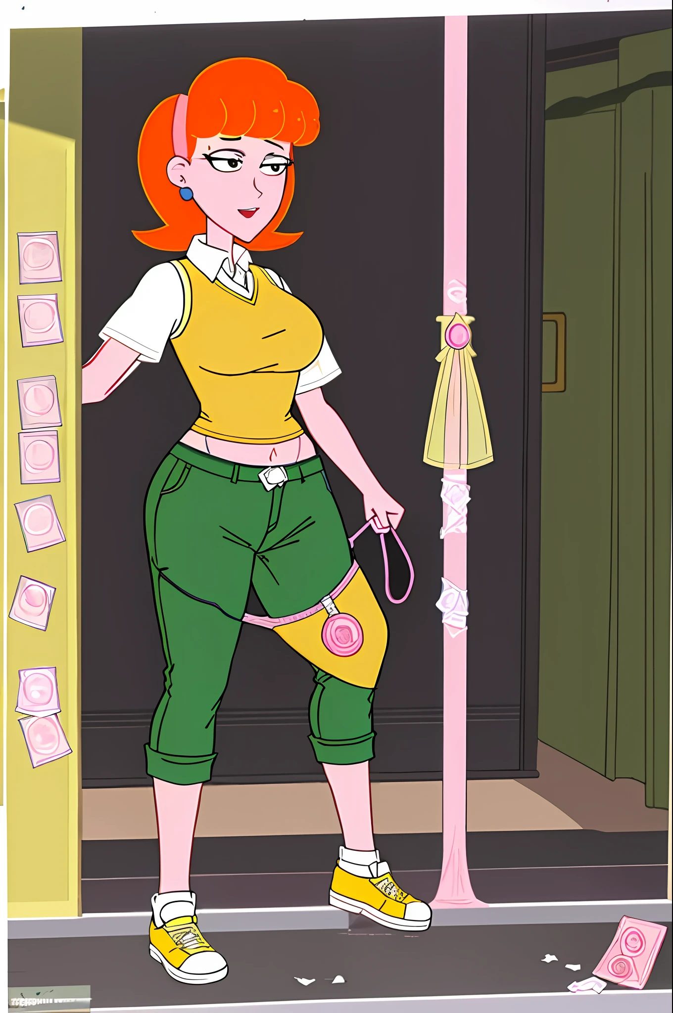Linda Flynn-Fletcher, masterpiece, best quality, 1 girl, solo, tone, mature woman,, pants, sweater vest, yellow vest, green pants, standing (( condom holding, condom on chest, condom after use))(( biting condom, holding condom, condom after use hanging on chest and leg strap))
