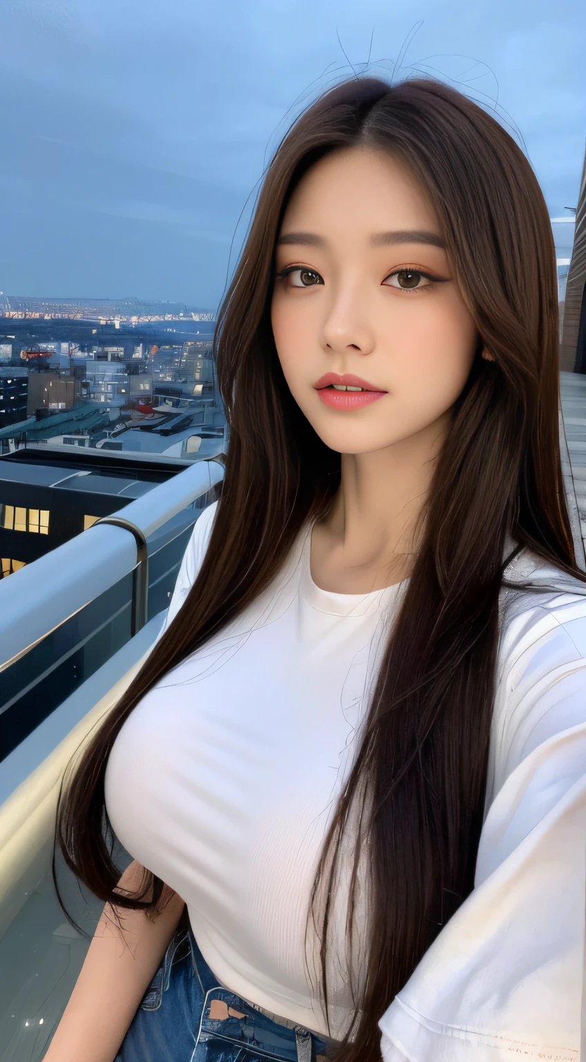 ((Midnight, Best quality, 8k, Masterpiece :1.3)), Whole body, Long legs, Sharp focus :1.2, A pretty woman with perfect figure :1.4, Slender abs :1.1, ((Dark brown hair,Gigantic breasts :1.5)), (White tight tshirt, Jean bib, Standing:1.2), ((Night city view, Rooftop:1.3)), Highly detailed face and skin texture, Detailed eyes, Double eyelid
