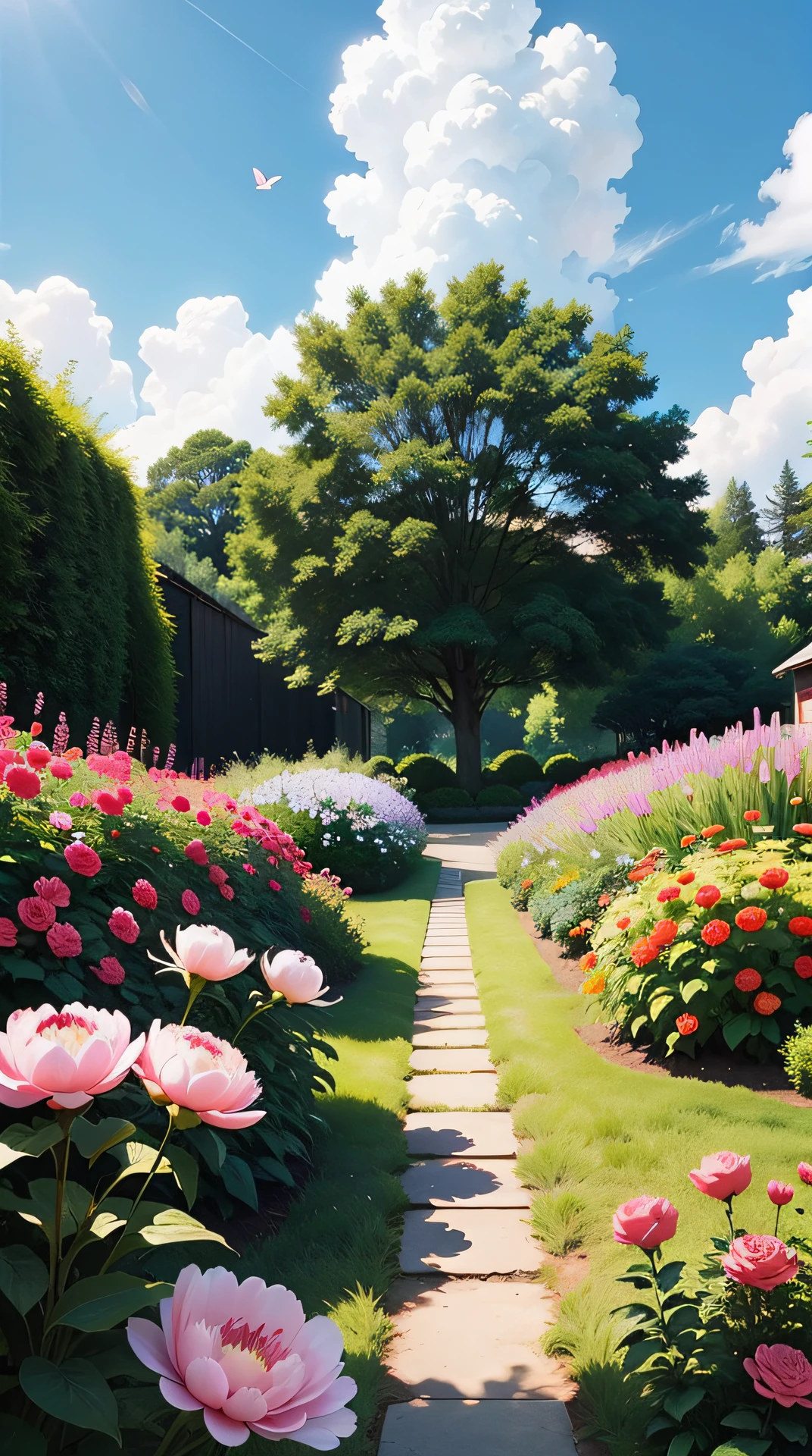 The garden is full of red, yellow, pink peony flowers, butterflies flying, blue sky and white clouds, super fine, 8K