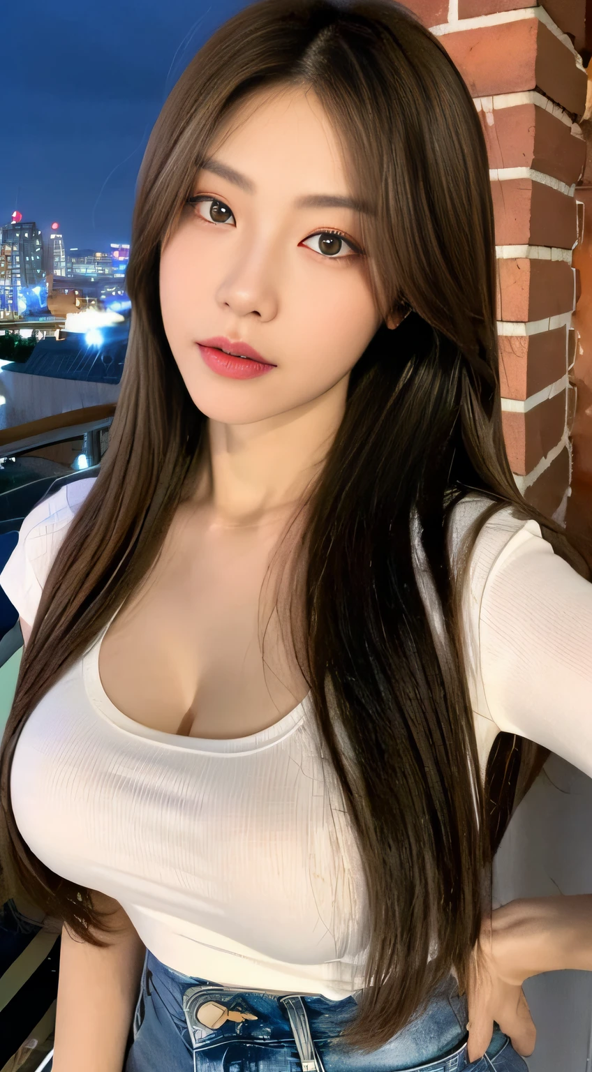 ((Midnight, Best quality, 8k, Masterpiece :1.3)), Whole body, Long legs, Sharp focus :1.2, A pretty woman with perfect figure :1.4, Slender abs :1.1, ((Dark brown hair,Gigantic breasts :1.5)), (White tight tshirt, Jean bib, Standing:1.2), ((Night city view, Rooftop:1.3)), Highly detailed face and skin texture, Detailed eyes, Double eyelid