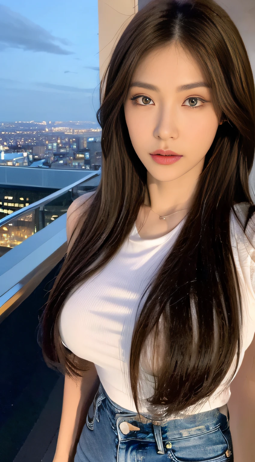 ((Midnight, Best quality, 8k, Masterpiece :1.3)), Whole body, Long legs, Sharp focus :1.2, A pretty woman with perfect figure :1.4, Slender abs :1.1, ((Dark brown hair,Gigantic breasts :1.5)), (White tight tshirt, Jean bib, Standing:1.2), ((Night city view, Rooftop:1.3)), Highly detailed face and skin texture, Detailed eyes, Double eyelid