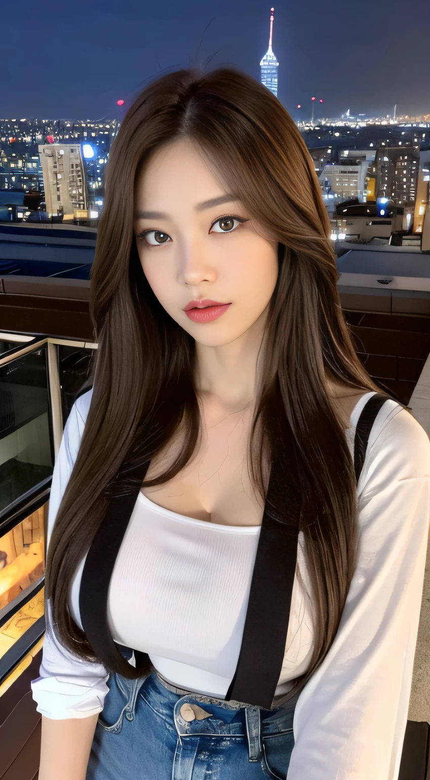 ((Midnight, Best quality, 8k, Masterpiece :1.3)), Whole body, Long legs, Sharp focus :1.2, A pretty woman with perfect figure :1.4, Slender abs :1.1, ((Dark brown hair,Gigantic breasts :1.5)), (White tight tshirt, Jean bib, Standing:1.2), ((Night city view, Rooftop:1.3)), Highly detailed face and skin texture, Detailed eyes, Double eyelid