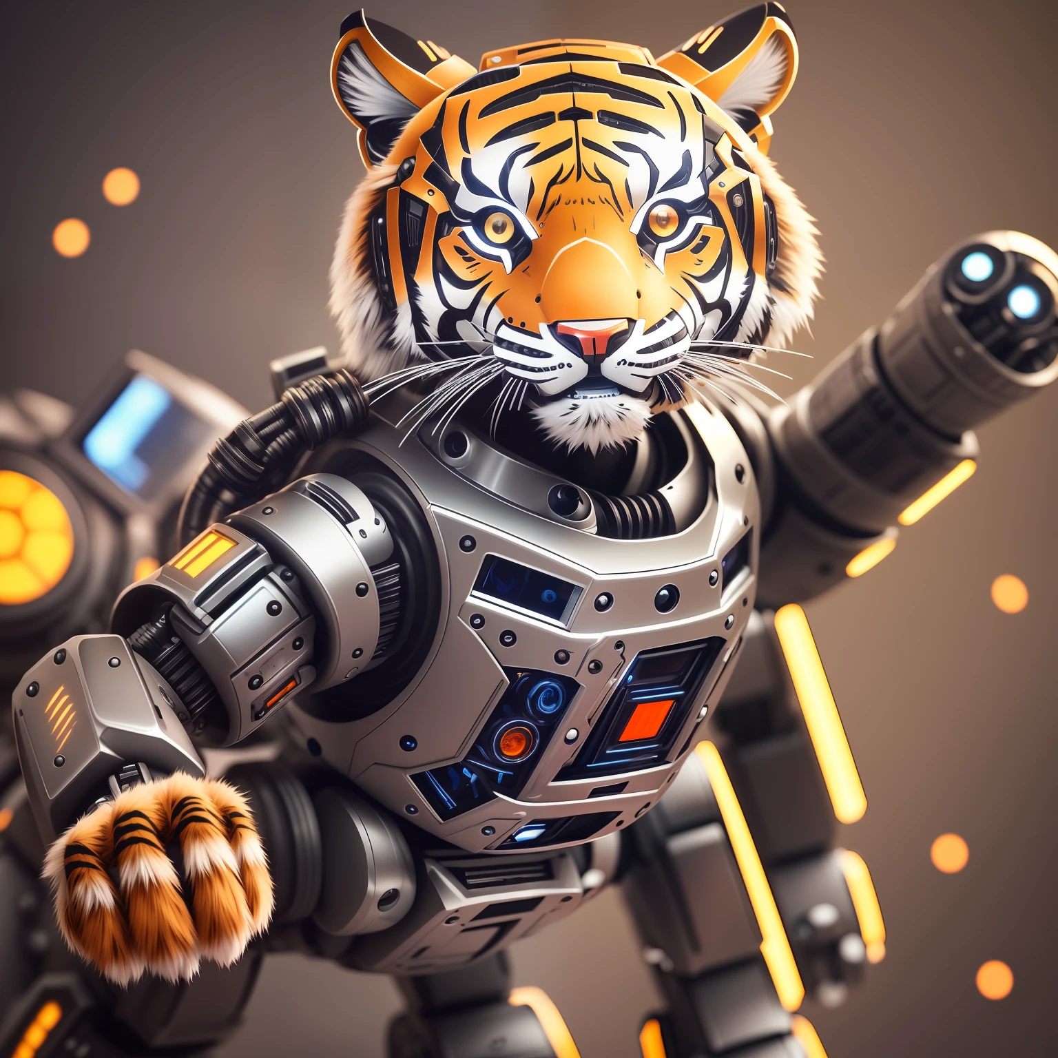 Cute Cybernetic Northeast Tiger, (Robot: 1.4), (Intricate Detail), HDR, (Intricate Detail, Ultra Detail: 1.2), Cinematic Lens, Centered, Vivid Lighting, Away from Camera, Surrealist Hyper-Detail Fur, Real Tiger Fur, Accurate Tiger Paw --auto --s2