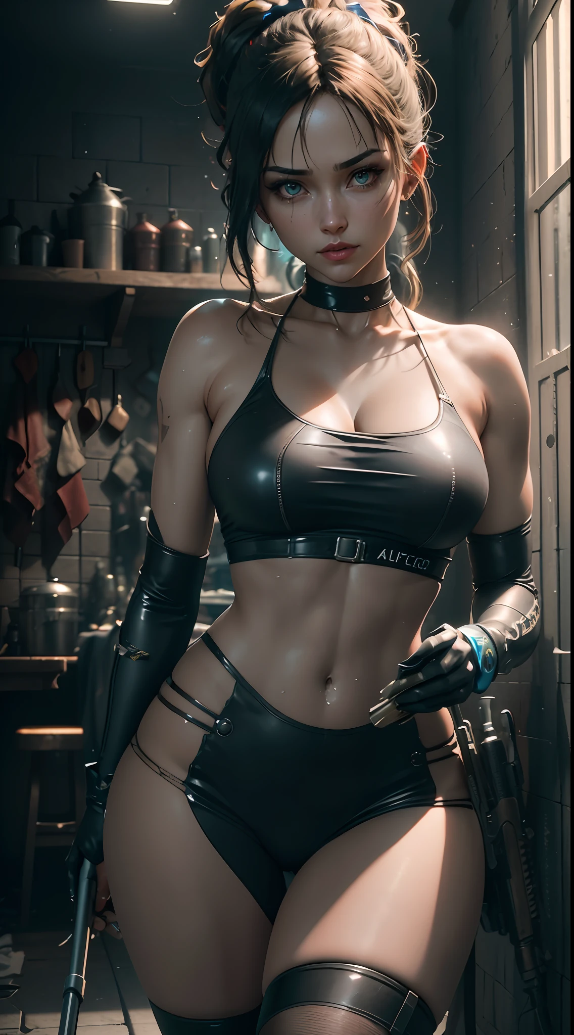 "Generate a 3D masterpiece of two characters: Bonie Clyde cleaning weapons in his cyberpunk house with an emphasis on detail and exceptional quality. Use advanced techniques such as Physically Based Rendering (PBR) texture to create a realistic and engaging look.

Apply two-tone lighting to highlight character characteristics, creating interesting contrasts and enhancing details. Use the power of ray tracing and NVIDIA RTX technology for stunning visual results.

Use Unreal 5 to create an immersive scene and utilize maximum character detail. Apply the Super-Resolution feature to ensure maximum clarity and sharpness in the final image.

Use the subsurface scattering technique to simulate the precise interaction of light with the character's skin, resulting in a realistic and detailed appearance. Explore the use of multi-layered textures, including albedo and specular maps, to add depth and richness to the character's appearance.

Apply surface shading to highlight subtle details and ensure perfect proportions. Utilize the power of Octane Render for fast, high-quality rendering.