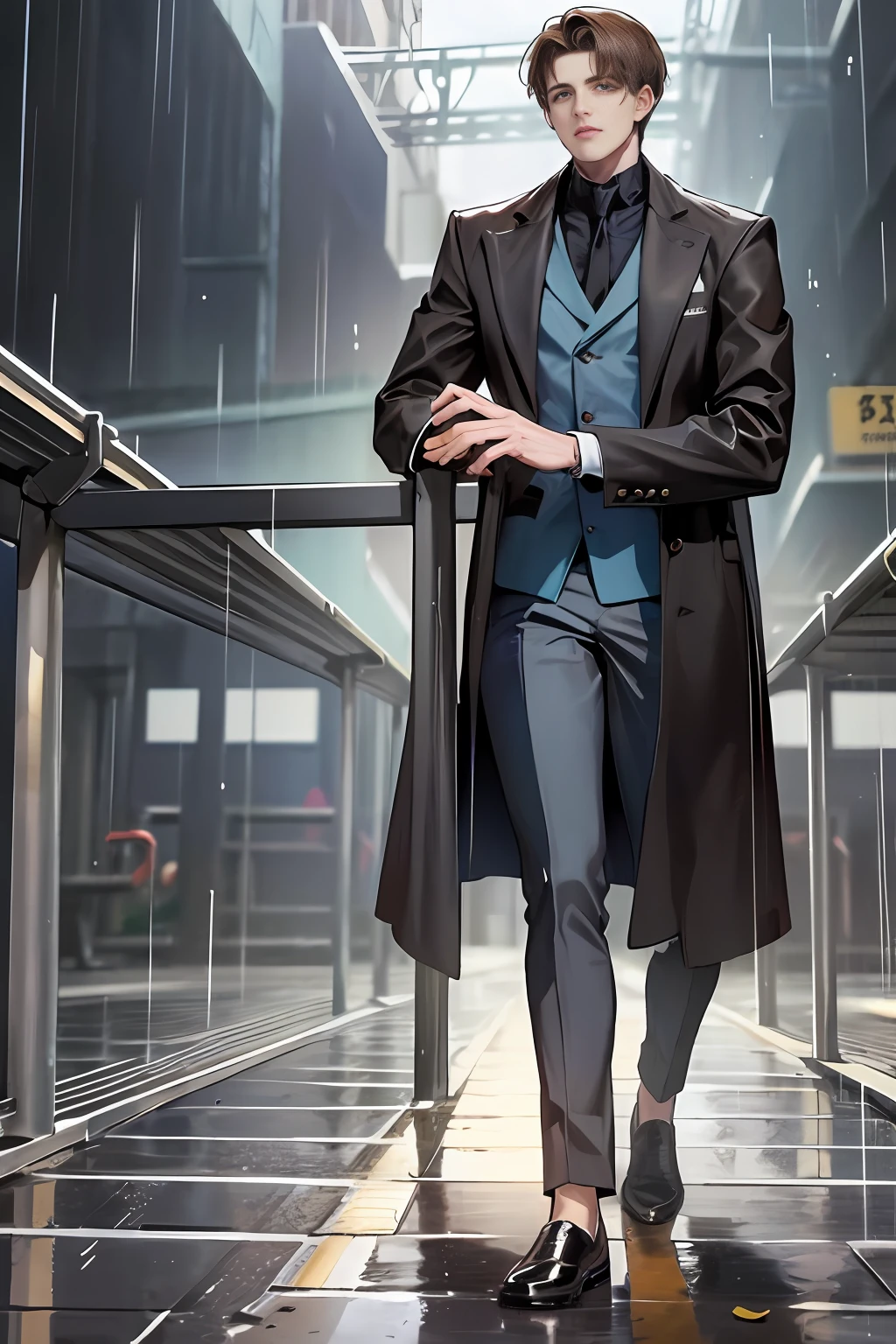 On the plastic track, on the school playground, heavy rain (high resolution, distinct_image) superb man, masterpiece, high detail, semi-realistic, brown short hair man, brown hair, short hair, medium hair, 18 years old, young, tall and strong, blackened coat, gray-blue clothes, students, college, dashing, natural, handsome, authoritarian, powerful aura, exquisite facial features, facial details, man standing on a huge playground, the sky is raining heavily, rain mixed with sweat on the man's body, school playground, The background is on a plastic track
