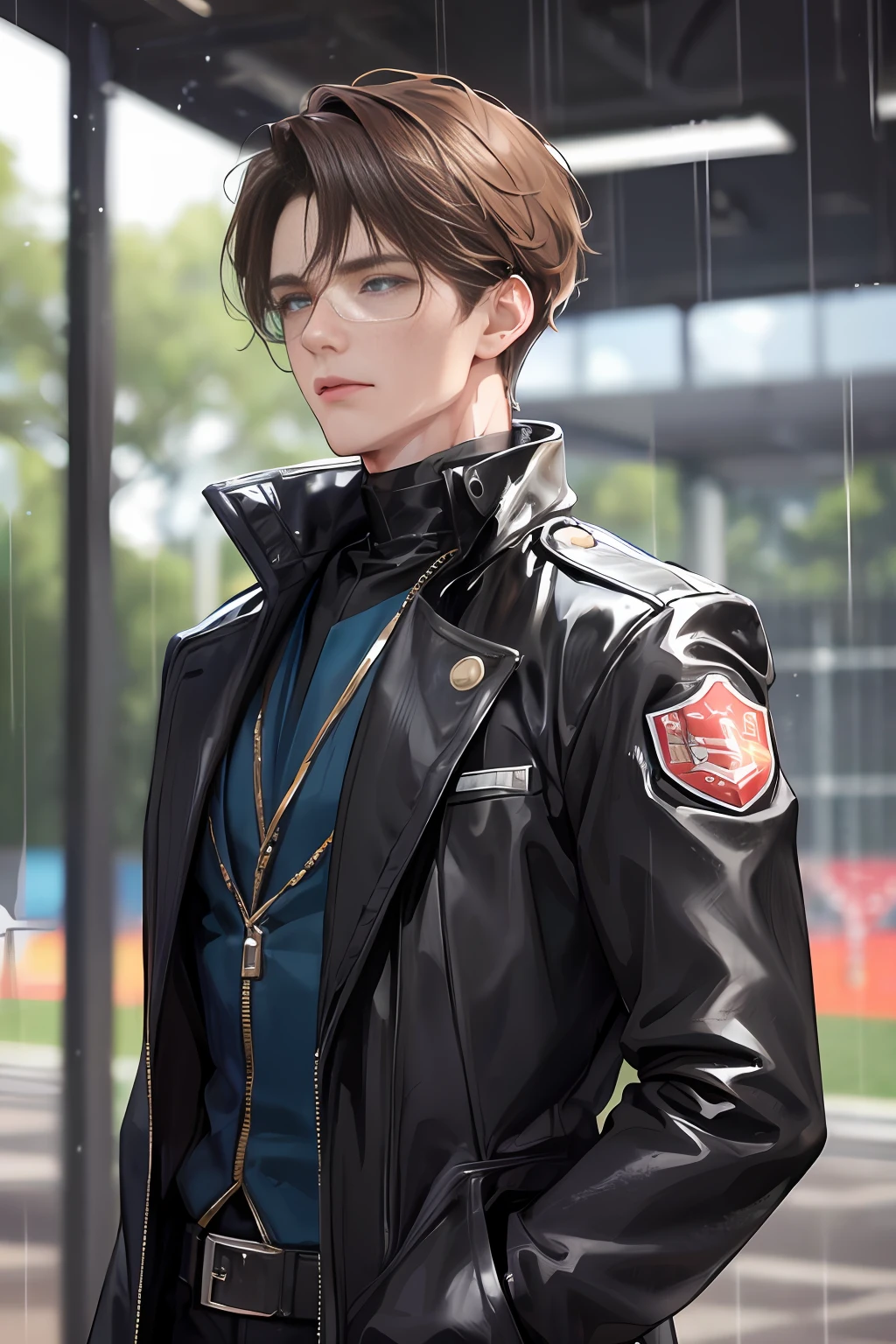 On the plastic track, on the school playground, heavy rain (high resolution, distinct_image) superb man, masterpiece, high detail, semi-realistic, brown short hair man, brown hair, short hair, medium hair, 18 years old, young, tall and strong, blackened coat, gray-blue clothes, students, college, dashing, natural, handsome, authoritarian, powerful aura, exquisite facial features, facial details, man standing on a huge playground, the sky is raining heavily, rain mixed with sweat on the man's body, school playground, The background is on a plastic track