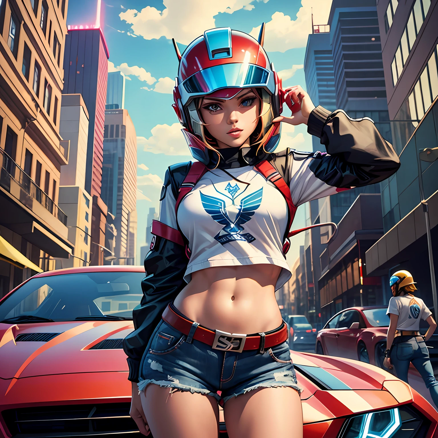 Two-dimensional female, youthful and energetic, wearing a shirt and hot pants, holding a Transformers helmet in her hand, a red sports car in the background, --auto --s2