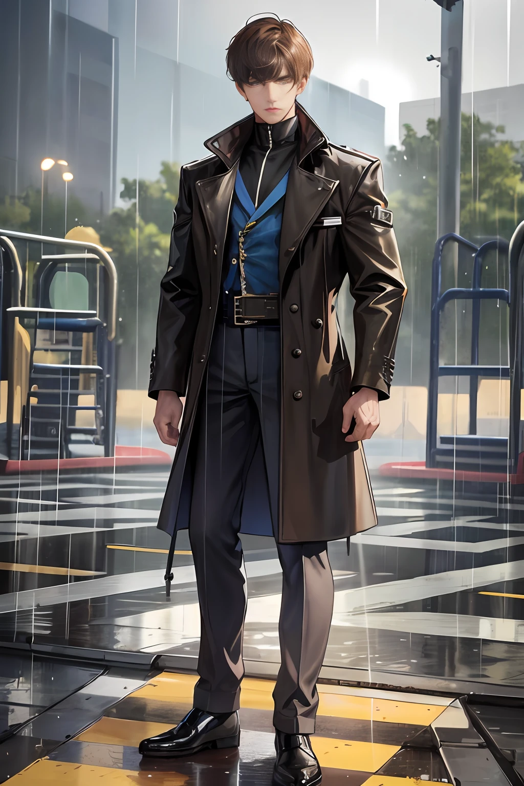 On the plastic track, on the school playground, heavy rain (high resolution, distinct_image) superb man, masterpiece, high detail, semi-realistic, brown short hair man, brown hair, short hair, medium hair, 18 years old, young, tall and strong, blackened coat, gray-blue clothes, students, college, dashing, natural, handsome, authoritarian, powerful aura, exquisite facial features, facial details, man standing on a huge playground, the sky is raining heavily, rain mixed with sweat on the man's body, school playground, The background is on a plastic track