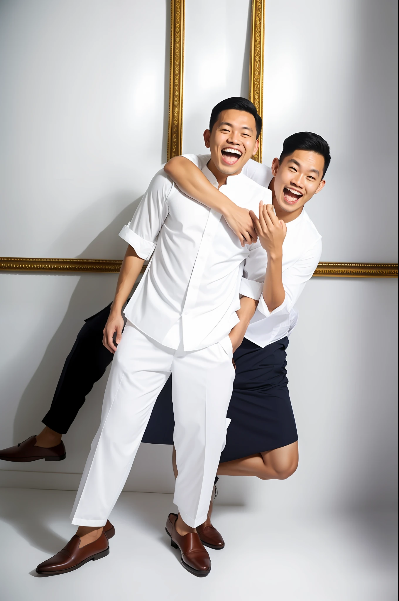they are two men posing for a picture in a room, barong family, pablo carpio and jordan grimmer, by Basuki Abdullah, two young men, with funny feeling, profesional photography, photo shoot, catalog photo, bowater charlie and brom gerald, protrait, 'white background'!!!, happy couple, very funny