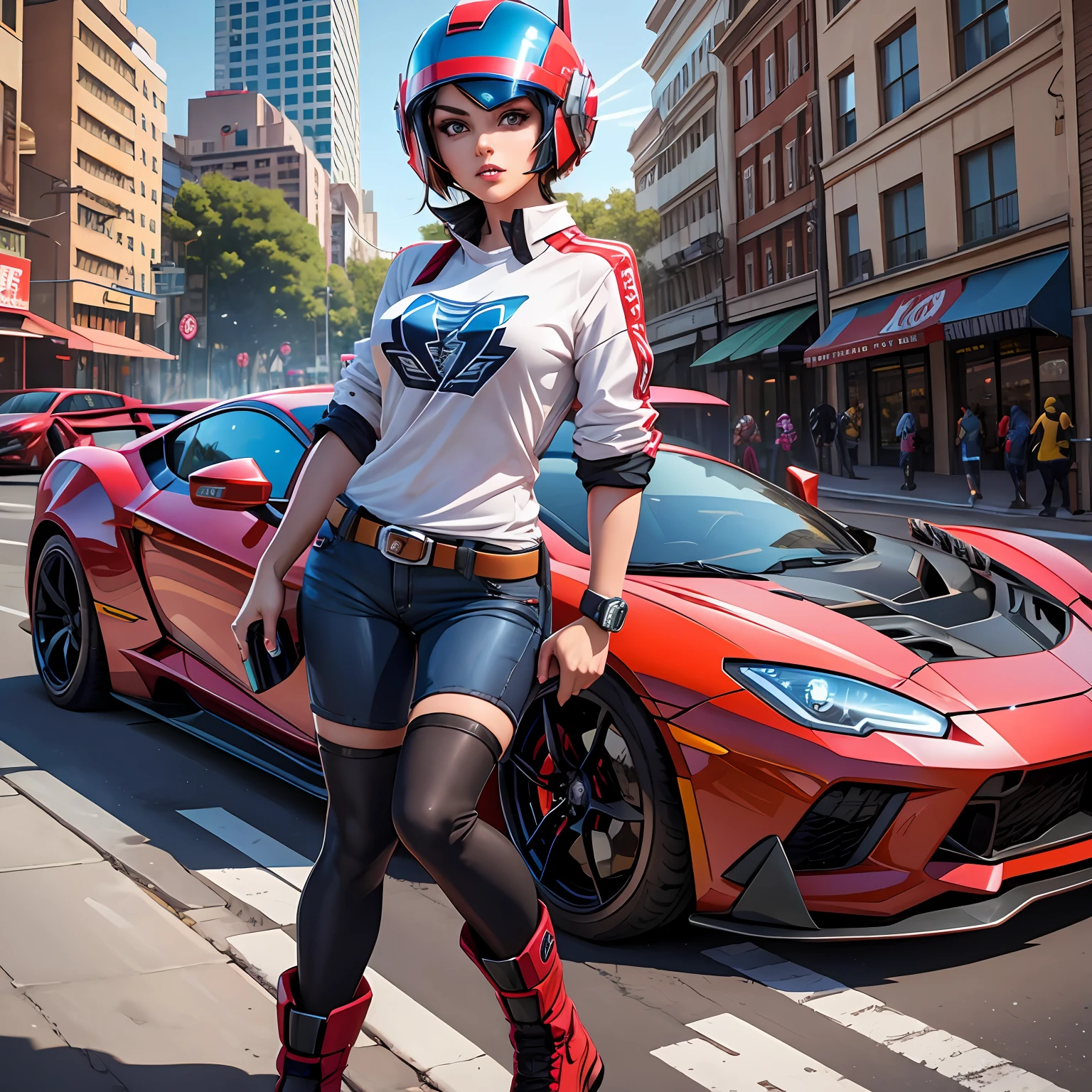 Two-dimensional female, youthful and energetic, wearing a shirt and hot pants, holding a Transformers helmet in her hand, a red sports car in the background, --auto --s2