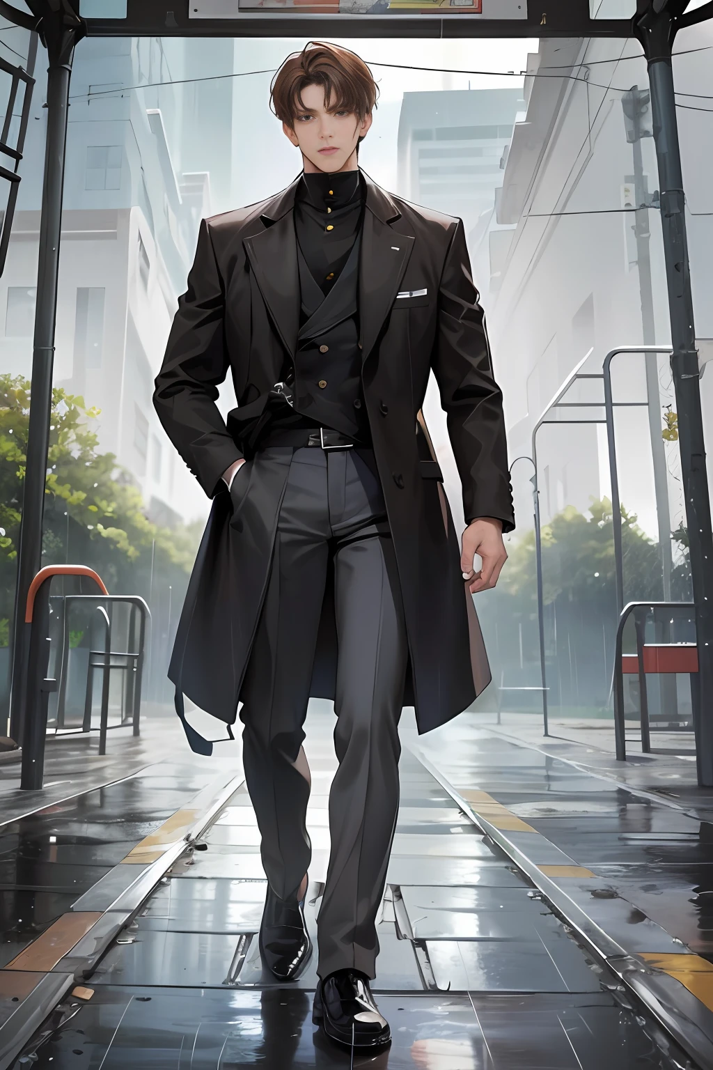 On the plastic track, on the school playground, heavy rain (high resolution, distinct_image) superb man, masterpiece, high detail, semi-realistic, brown short hair man, brown hair, short hair, medium hair, 18 years old, young, tall and strong, blackened coat, gray-blue clothes, students, college, dashing, natural, handsome, authoritarian, powerful aura, exquisite facial features, facial details, man standing on a huge playground, the sky is raining heavily, rain mixed with sweat on the man's body, school playground, The background is on a plastic track