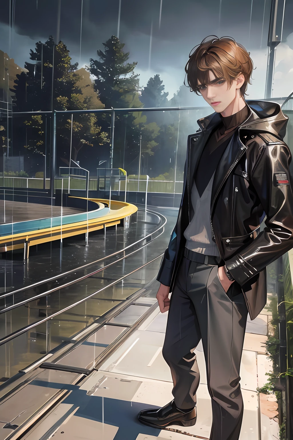On the plastic track, on the school playground, heavy rain (high resolution, distinct_image) superb man, masterpiece, high detail, semi-realistic, brown short hair man, brown hair, short hair, medium hair, 18 years old, young, tall and strong, blackened coat, gray-blue clothes, students, college, dashing, natural, handsome, authoritarian, powerful aura, exquisite facial features, facial details, man standing on a huge playground, the sky is raining heavily, rain mixed with sweat on the man's body, school playground, The background is on a plastic track