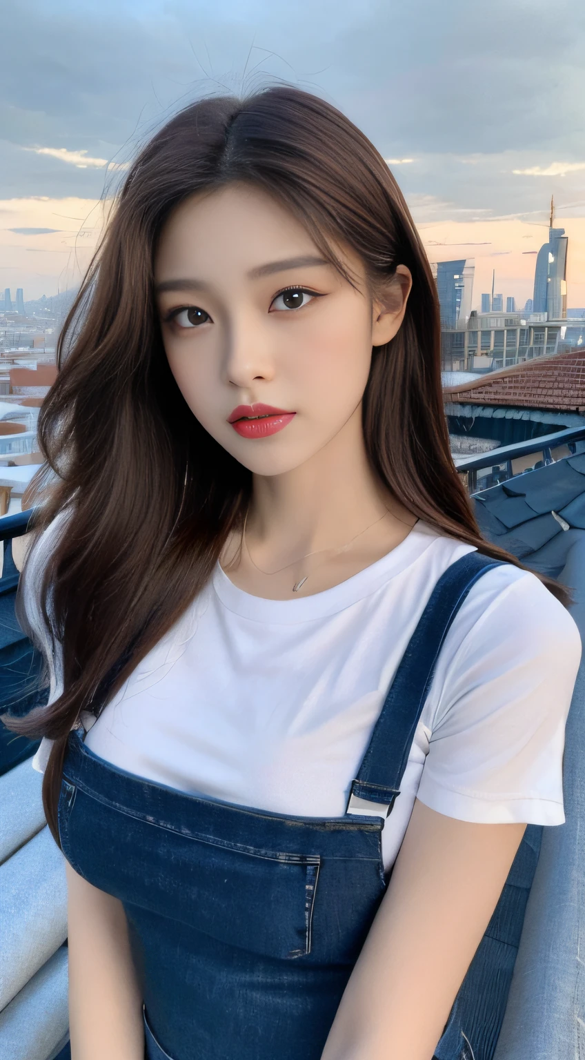 ((Midnight, Best quality, 8k, Masterpiece :1.3)), Whole body, Long legs, Sharp focus :1.2, A pretty woman with perfect figure :1.4, Slender abs :1.1, ((Dark brown hair,Large breasts :1.3)), (White tight tshirt, Jean bib, Standing:1.2), ((Night city view, Rooftop:1.3)), Highly detailed face and skin texture, Detailed eyes, Double eyelid