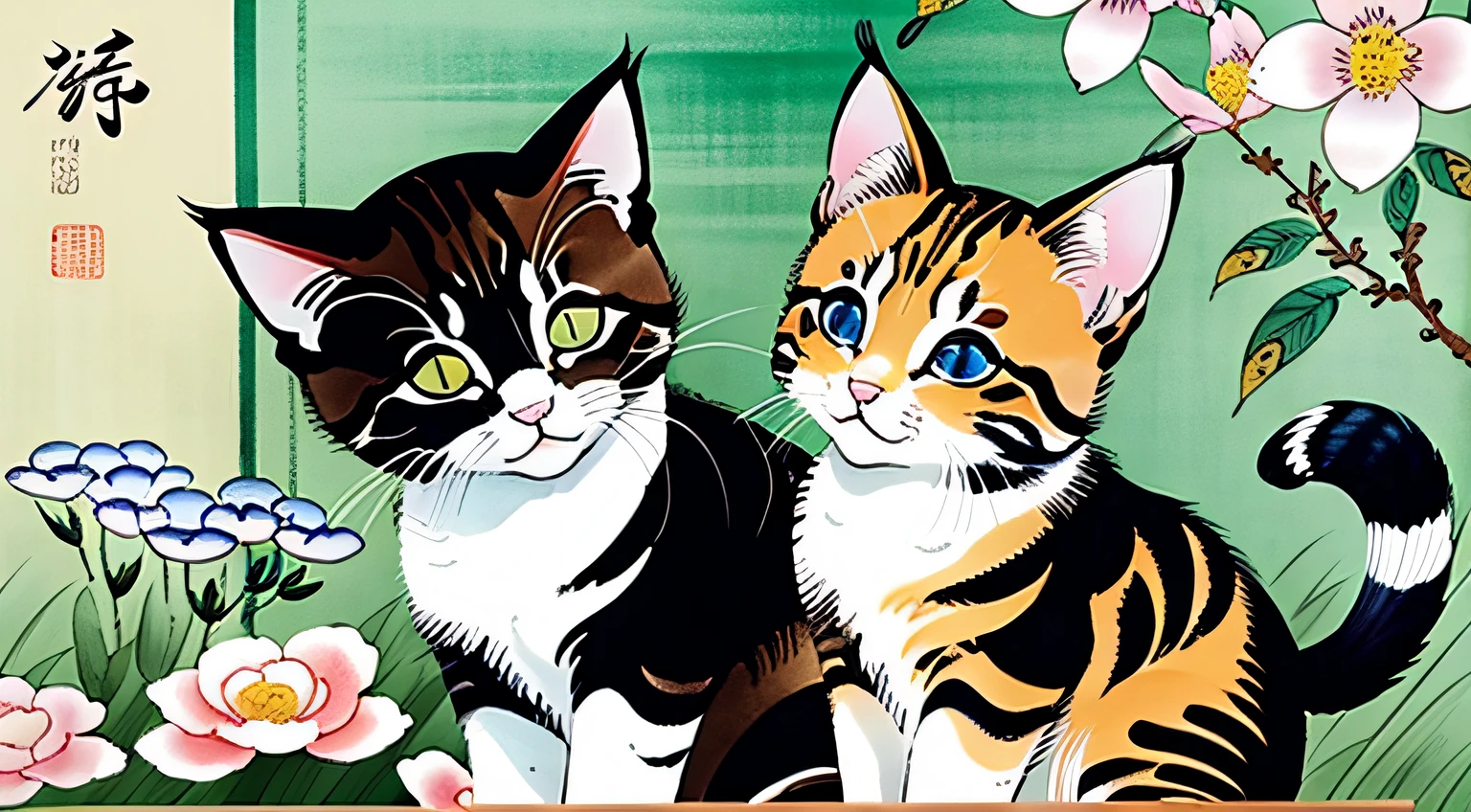 Painting of kitten catching butterfly in garden, cat close-up, detailed cat, high detail, Chinese brush illustration, Chinese painting style, Chinese traditional painting, Chinese traditional ink painting, Chinese style painting, Chinese watercolor style, Chinese ink painting, beautiful artwork illustration, inspired by Xiao Yuncong, Chinese traditional art, Chinese painting, Zhongyuan Festival, inspired by Wang Yuanqi