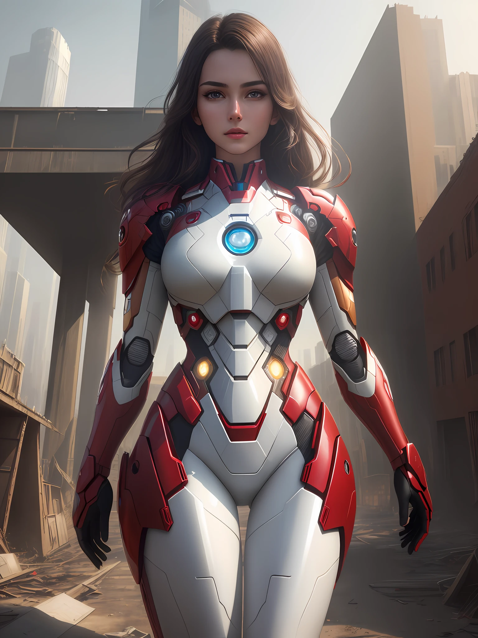 RAW, Masterpiece, Ultra Fine Photo,, Best Quality, Ultra High Resolution, Photorealistic, Sunlight, Full Body Portrait, Stunningly Beautiful,, Dynamic Poses, Delicate Face, Vibrant Eyes, (Side View) , she is wearing a futuristic Iron Man mech, red and gold color scheme, highly detailed abandoned warehouse background, detailed face, detailed and complex busy background, messy, gorgeous, milky white, high detailed skin, realistic skin details, visible pores , sharp focus, volumetric fog, 8k uhd, dslr camera, high quality, film grain, fair skin, photorealism, lomography, sprawling metropolis in futuristic dystopia, view from below, translucent