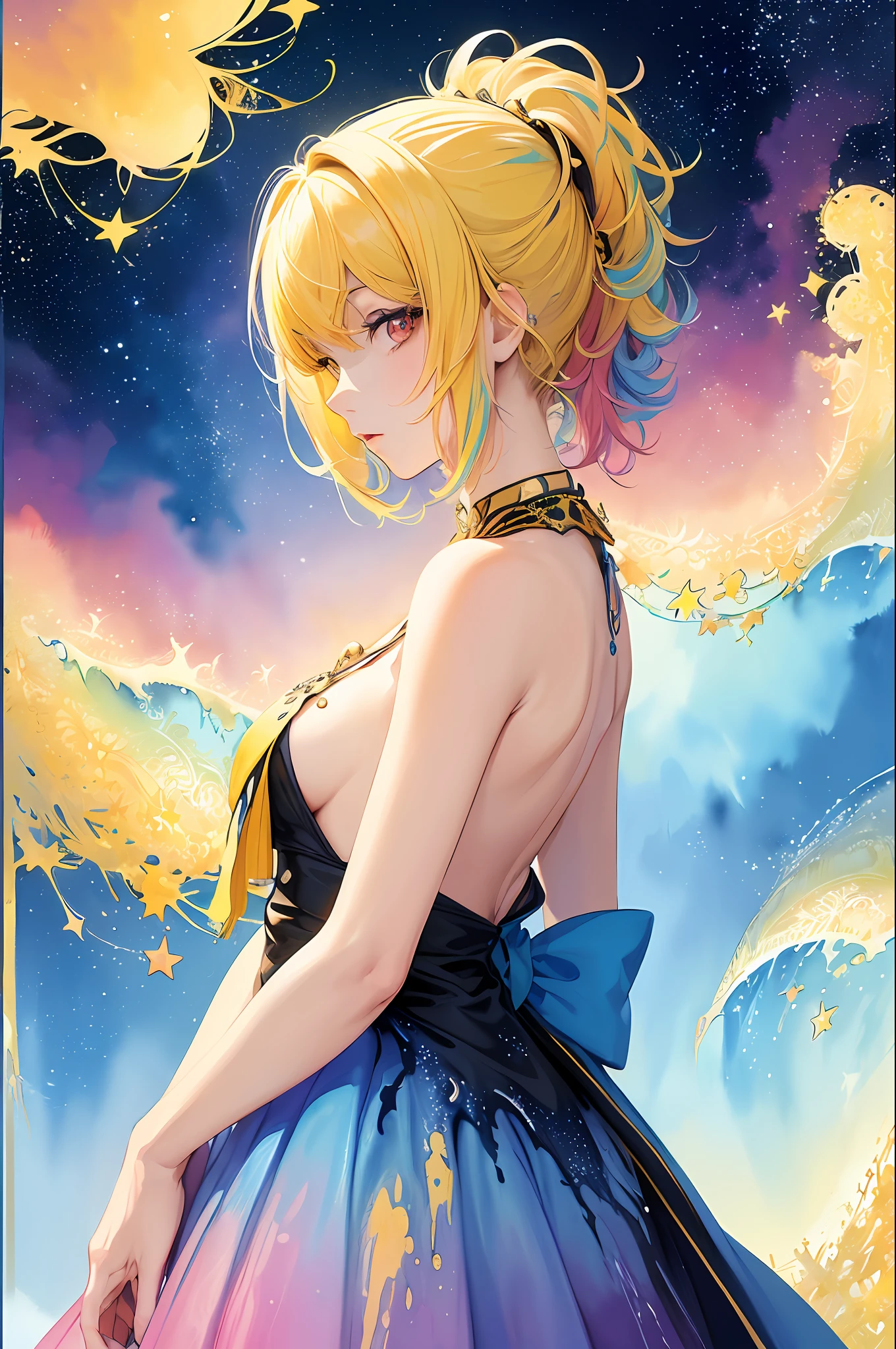 (masterpiece, top quality, best quality,watercolor (medium),official art, beautiful and aesthetic:1.2),(1girl:1.3), (fractal art:1.3),upper body, from side, looking at viewer,patterns,(yellow hair,half blue and half pink hair:1.2),water,liquid, cloud,colorful, starry,stars, red eyes