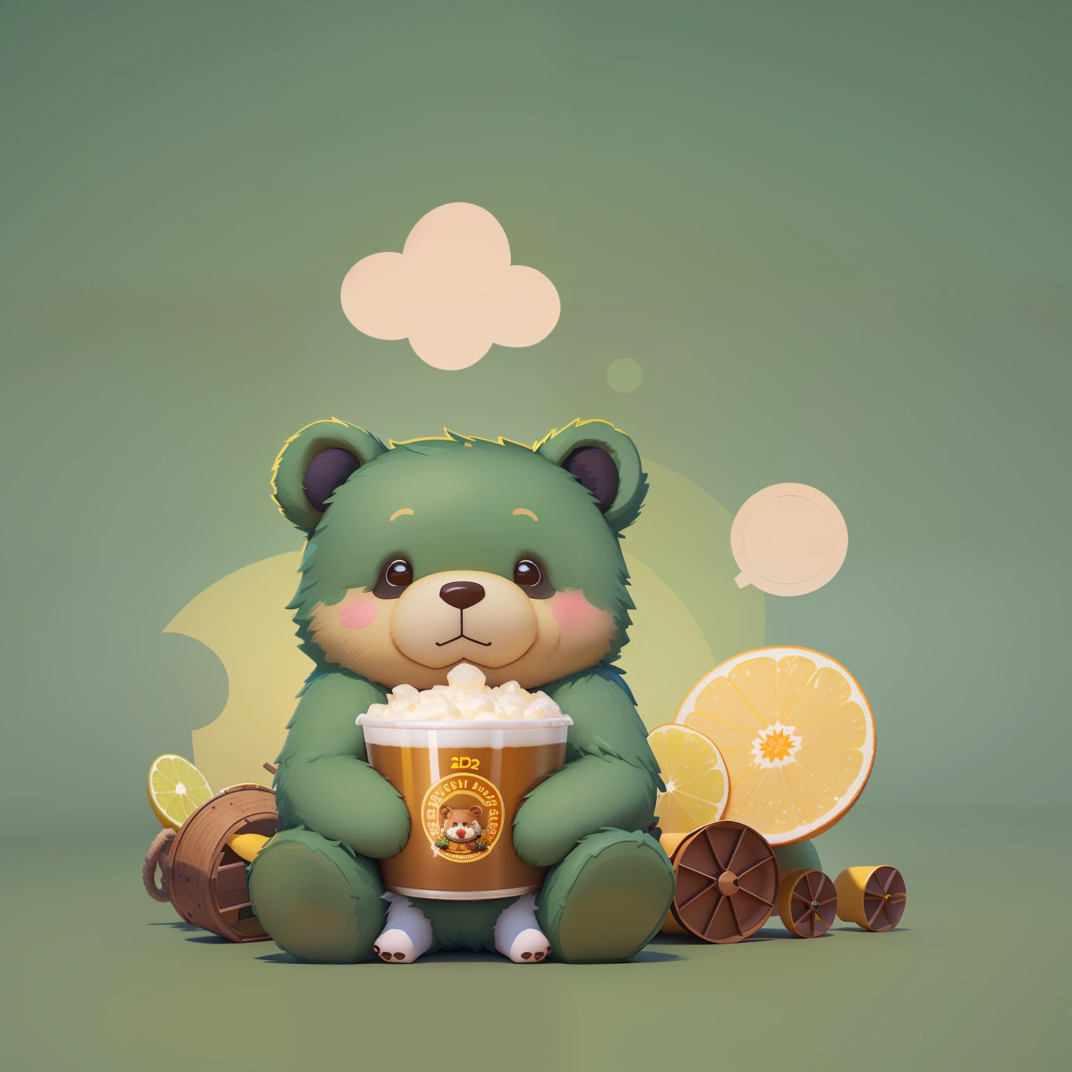 There is a yellow bear holding a beer, cute detailed digital art, cute digital art, cute 3d rendering, cute digital painting, cute illustration, by Kubisi art, by Fei Danxu, cute detailed artwork, highly detailed illustration, cute artwork, 2D rendering, Kiichiro Ishikawa, highly detailed illustration.