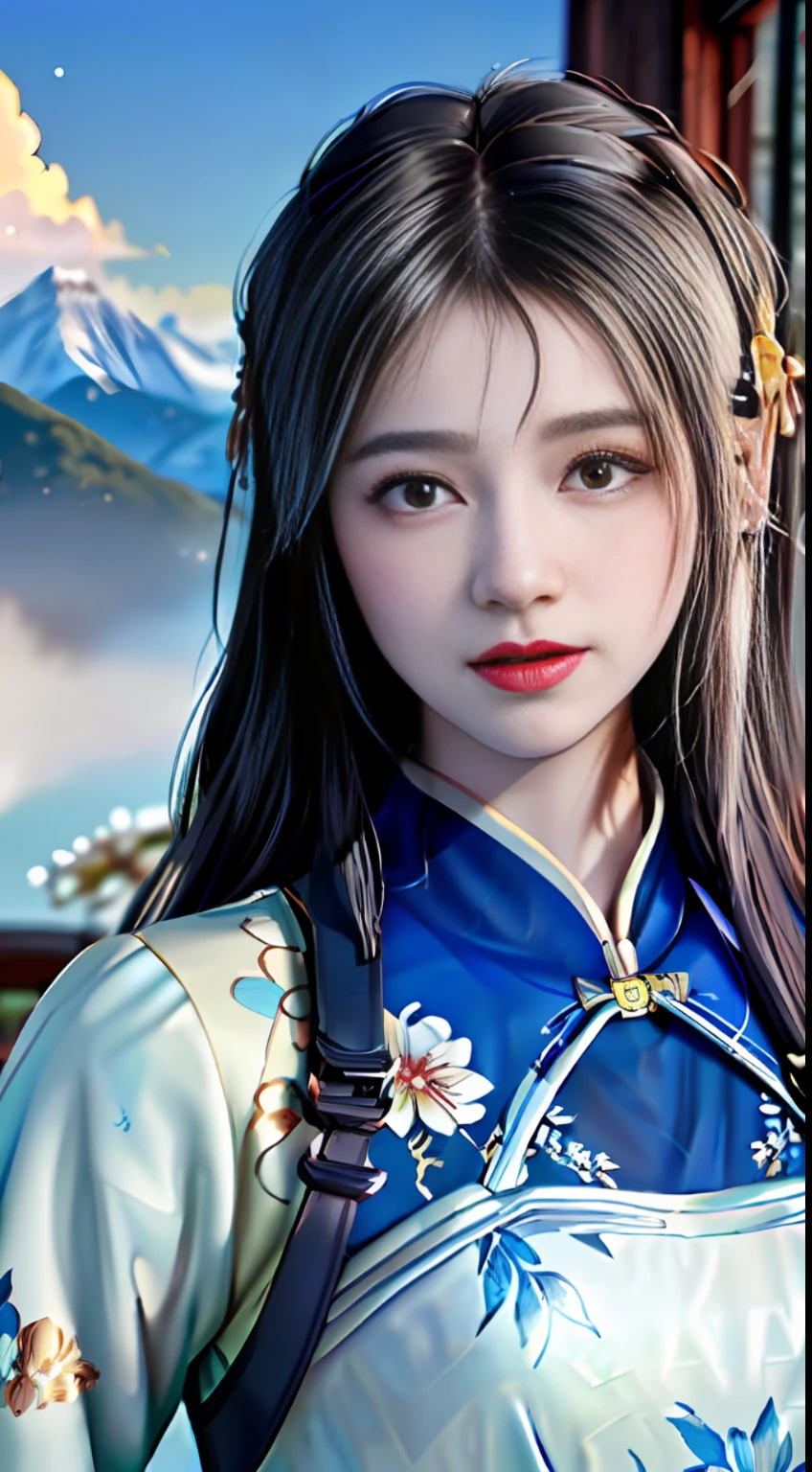 realistic, (masterpiece, top quality, best quality, official art, beautiful and aesthetic:1.2), extremely detailed, fractal art, colorful, highest detailed, zentangle, dynamic angle, (1girl:1.8), china dress, beautiful face, alphonse mucha, ancient architecture, winter, ice field, iplum blossom, snow mountain, cloud, atmospheric perspective, panorama, perspective, .