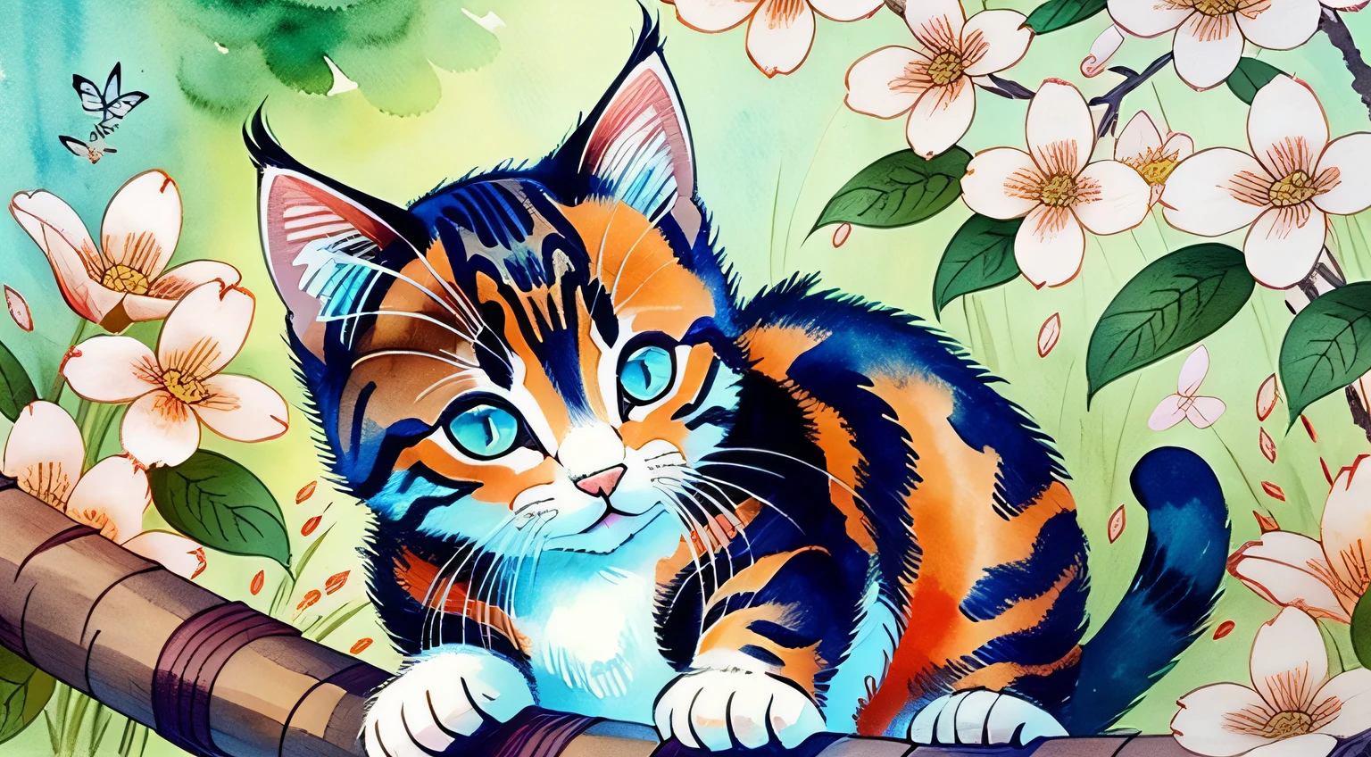 Painting of kitten catching butterfly in garden, cat close-up, detailed cat, high detail, Chinese brush illustration, Chinese painting style, Chinese traditional painting, Chinese traditional ink painting, Chinese style painting, Chinese watercolor style, Chinese ink painting, beautiful artwork illustration, inspired by Xiao Yuncong, Chinese traditional art, Chinese painting, Zhongyuan Festival, inspired by Wang Yuanqi