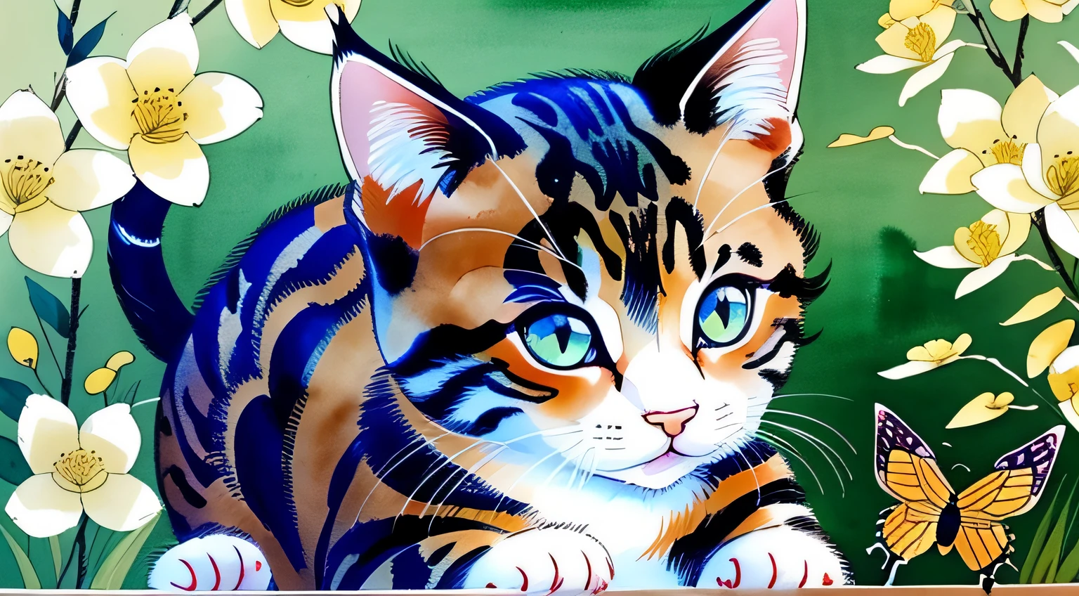 Painting of kitten catching butterfly in garden, cat close-up, detailed cat, high detail, Chinese brush illustration, Chinese painting style, Chinese traditional painting, Chinese traditional ink painting, Chinese style painting, Chinese watercolor style, Chinese ink painting, beautiful artwork illustration, inspired by Xiao Yuncong, Chinese traditional art, Chinese painting, Zhongyuan Festival, inspired by Wang Yuanqi