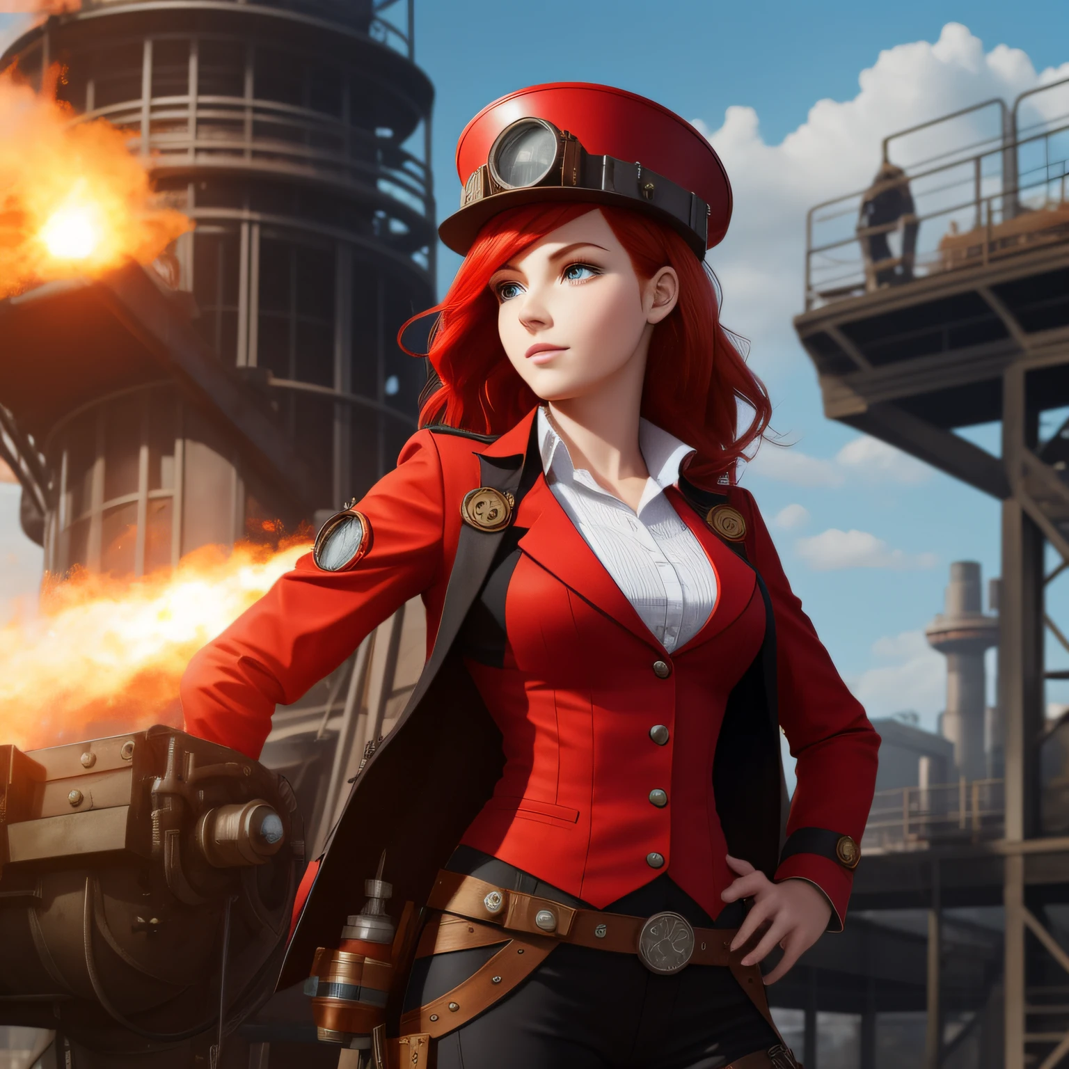 A girl with bright red hair, in a working engineering suit and a steampunk hat