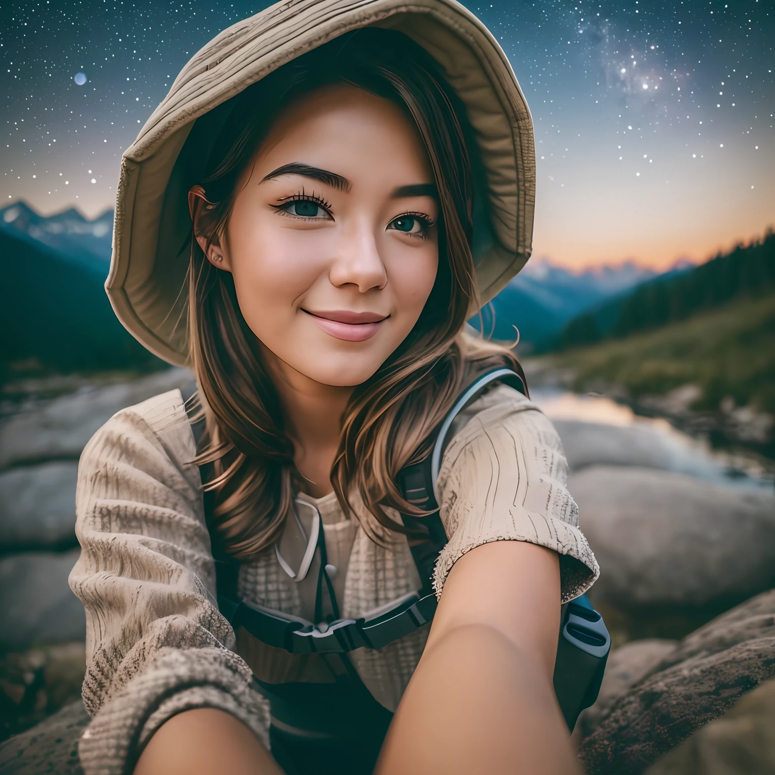 1 woman ((upper body selfie, happy)), masterpiece, best quality, ultra-detailed, solo, outdoor, (night), mountains, nature, (stars, moon) cheerful, happy, backpack, sleeping bag, camping stove, kettle, hiking boots, hat, flashlight, forest, rocks, river, wood, smoke, shadow, contrast, clear sky, simulation style (see viewer: 1.2) (skin texture) (film grain: 1.3) , (warm tones, warm tones) :1.2), close-up, cinematic light, side light, Ultra High Resolution, Best Shadow, RAW, Upper Body, Young Female, Wearing Suspender Pajamas --auto --s2