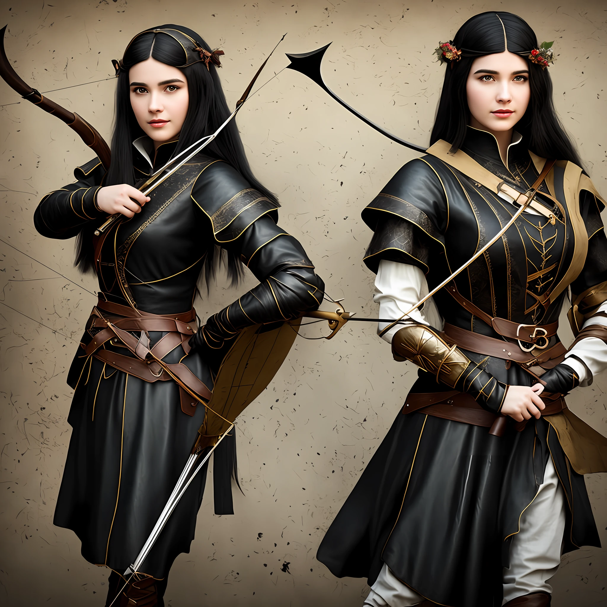 (Realistic) (1girl) black haired woman, 24 years old in medieval leather clothes, with bow and arrow